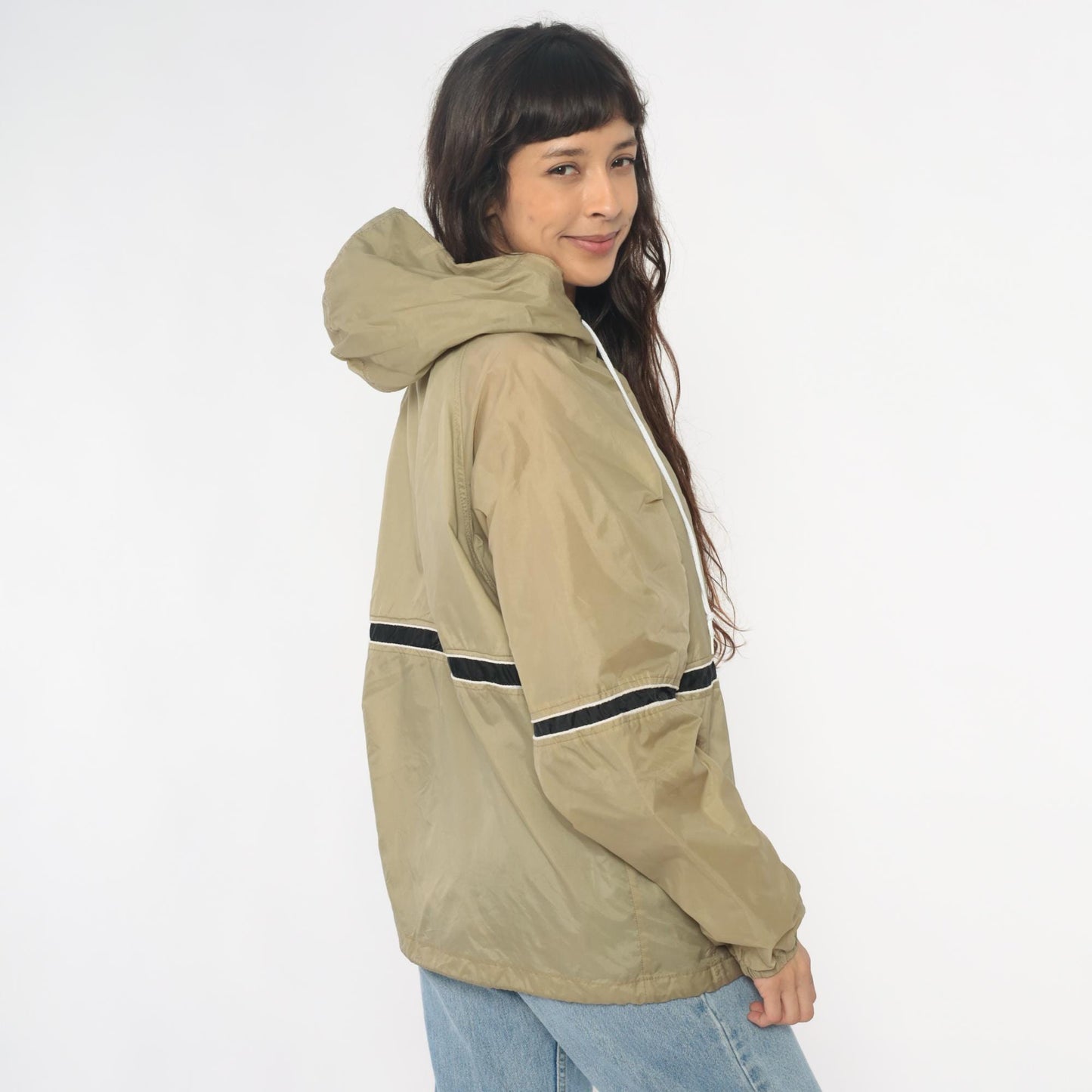 90s Tan Windbreaker Jacket Hooded Striped Black White Nylon Small
