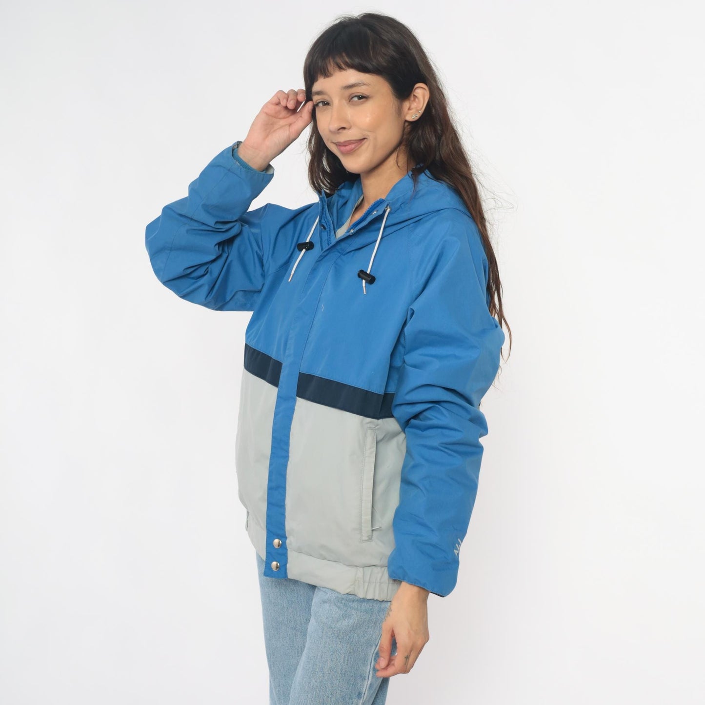 90s Nils Colorblock Hooded Windbreaker Jacket Blue Navy Cream Medium
