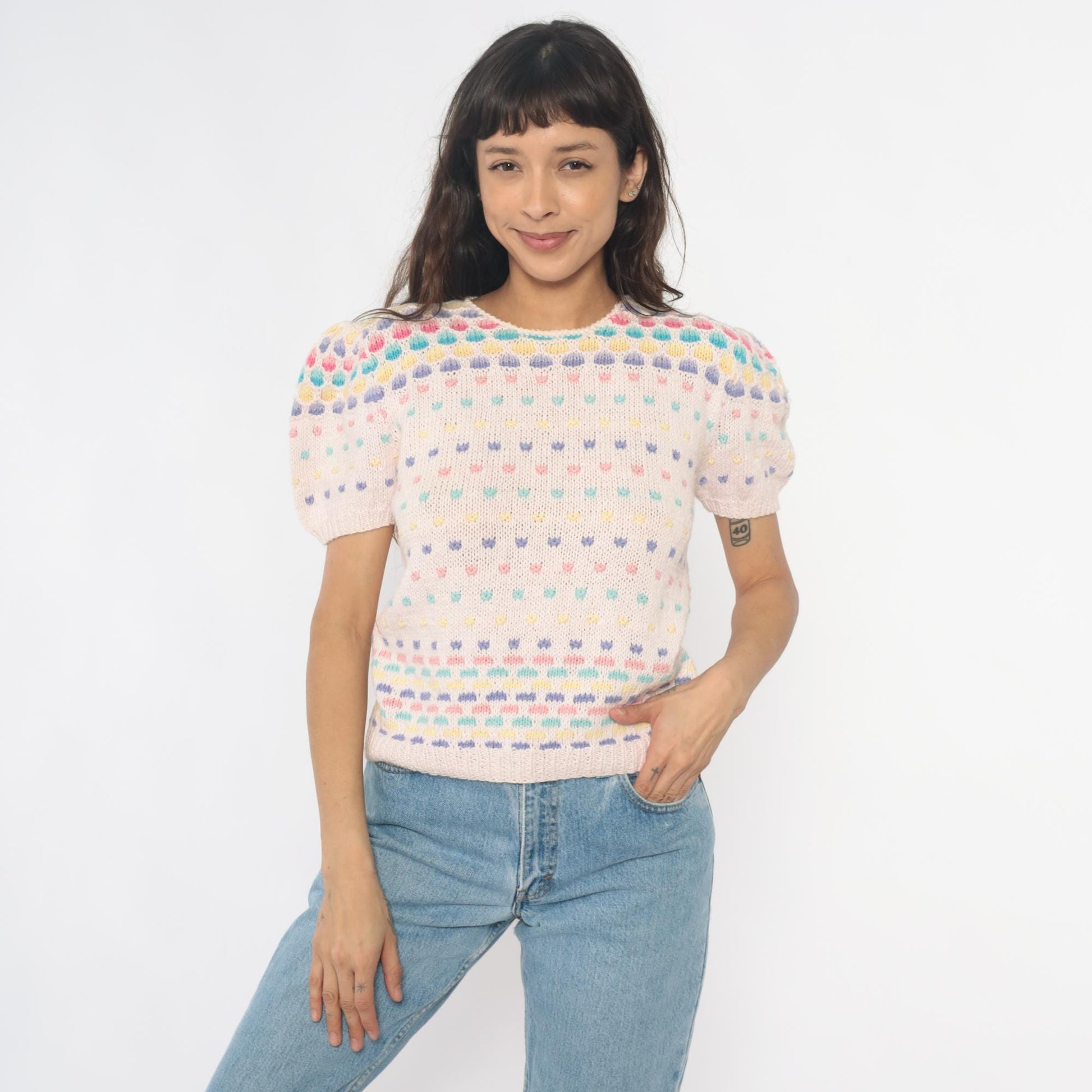 80s Deans of Scotland Puff Sleeve Knit Top Cream Polka Dot Small