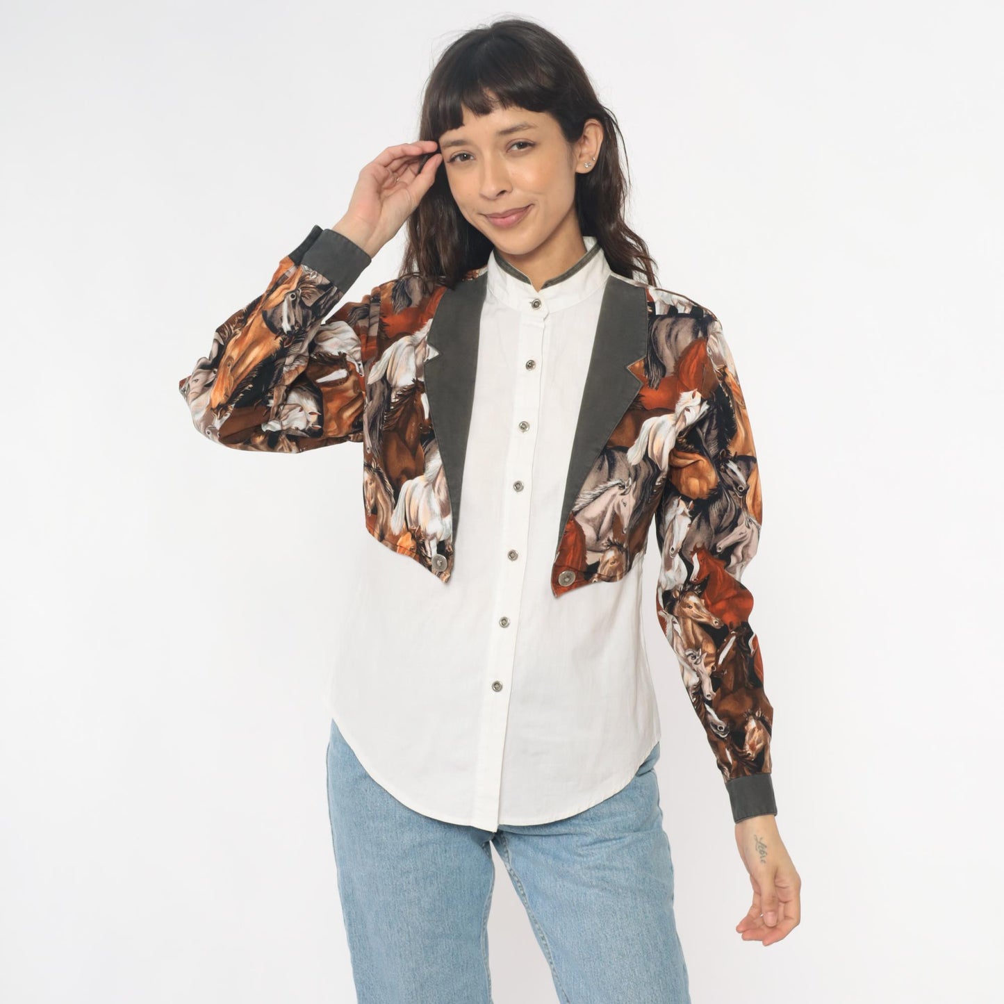 90s Roughrider Western Horse Print Button-Up Blouse White Small