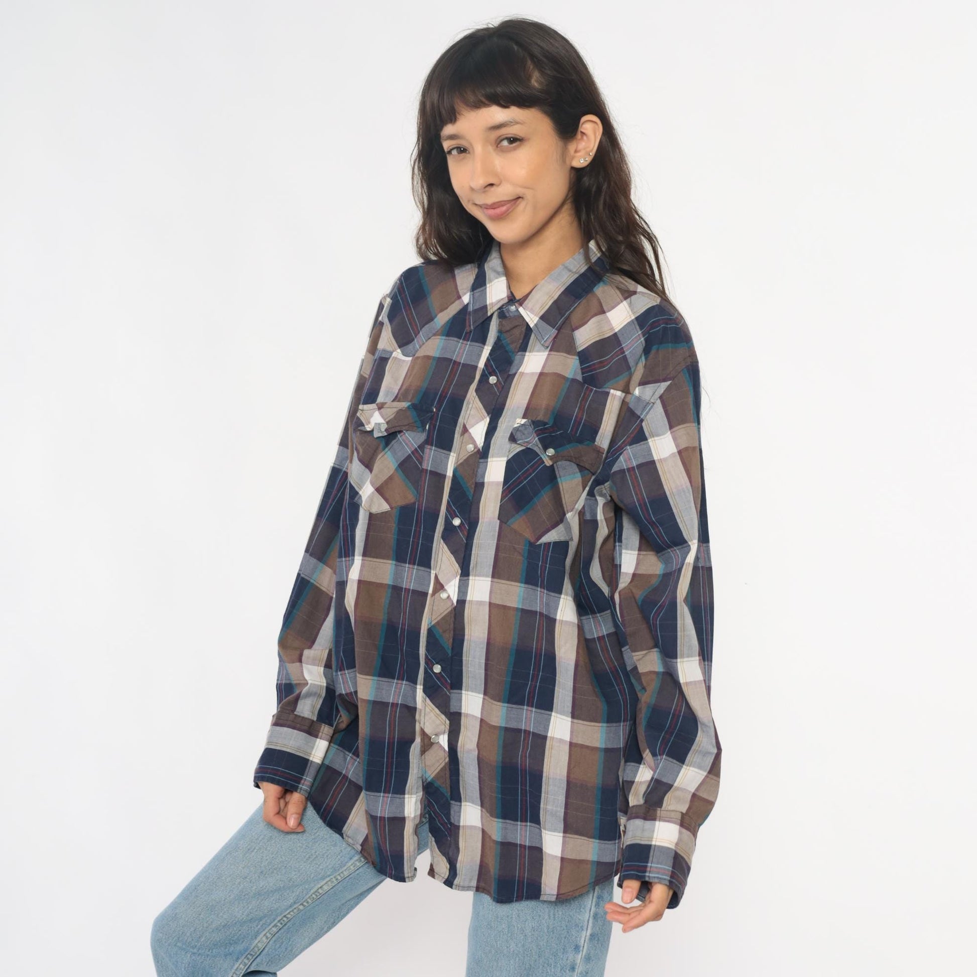 90s Youngbloods Western Shirt Pearl Snap Plaid Navy Brown Extra Large XL