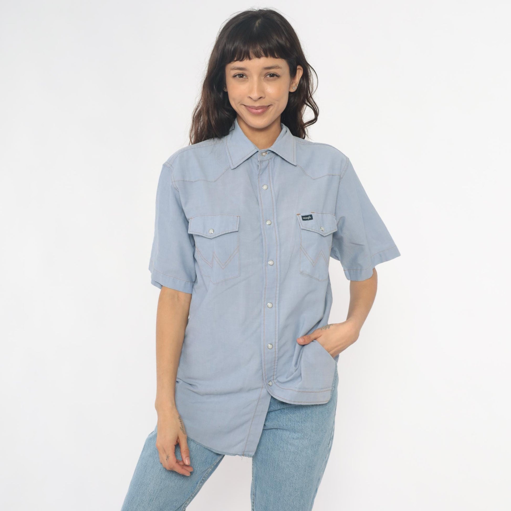 80s Wrangler Western Shirt Pearl Snap Light Blue Chambray Large
