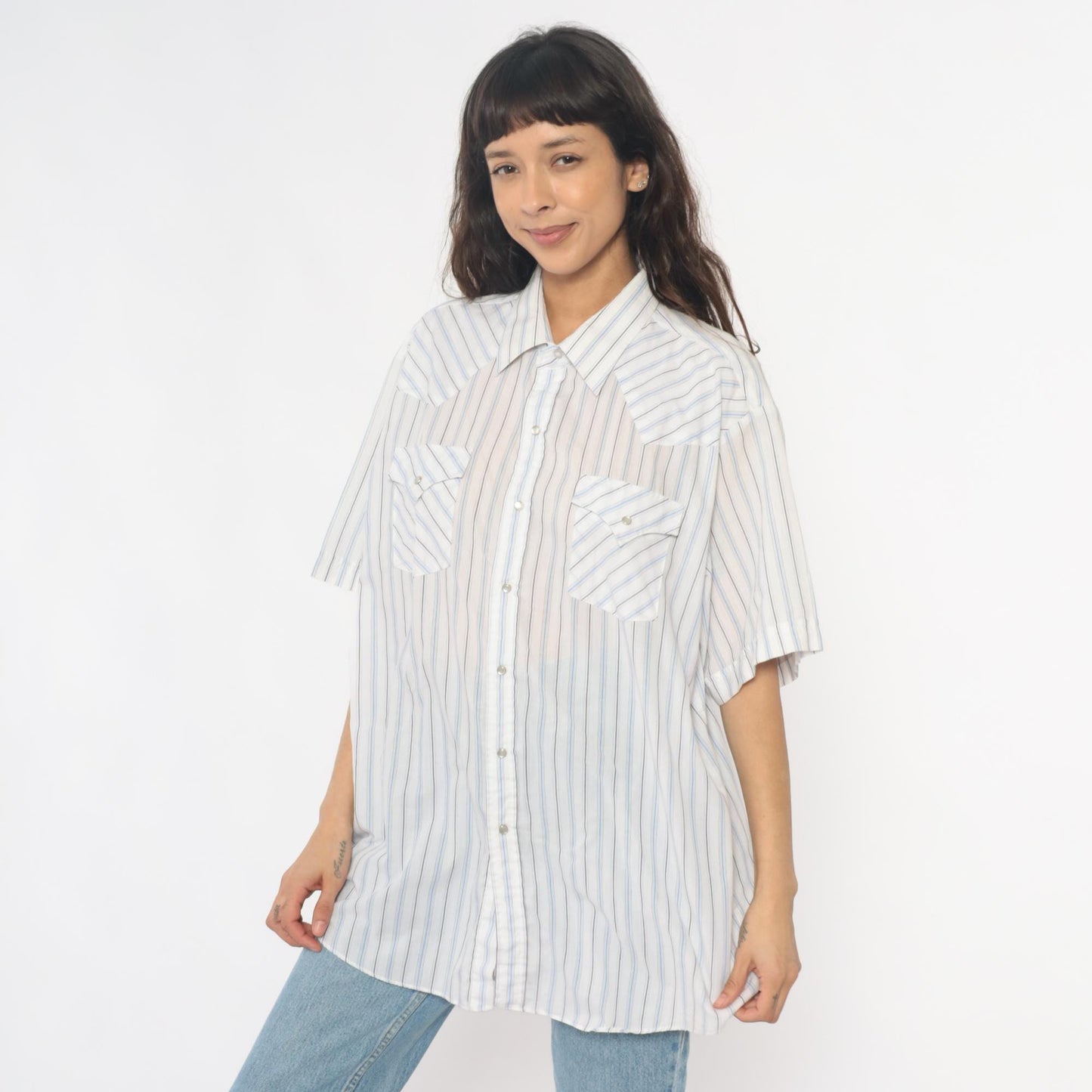 90s Ely Cattleman Western Striped Snap Shirt Cream Blue Tan Extra Large XL