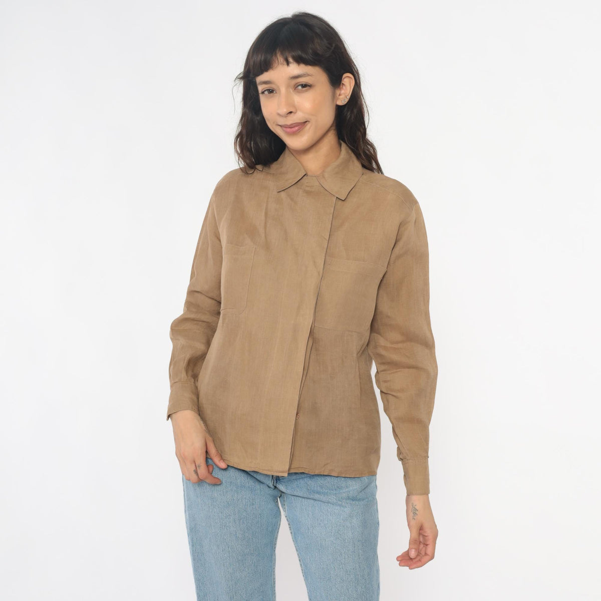 Calvin Klein 80s Tan Button-Up Shirt Pointed Collar Chest Pockets Small