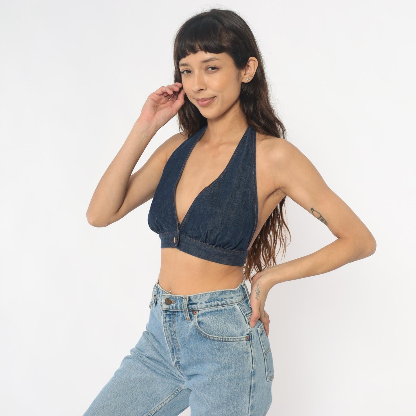 90s Dark Denim Halter Crop Top Tie Neck Open Back Small Medium