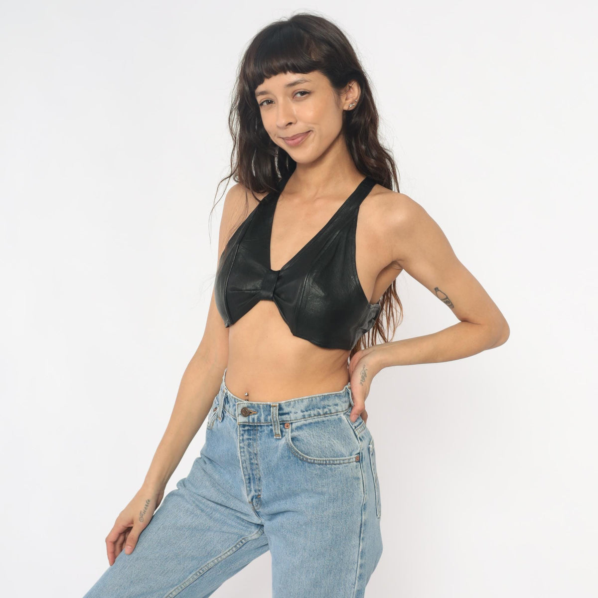 80s Black Leather Halter Crop Top Tie Back V-Neck Small Medium