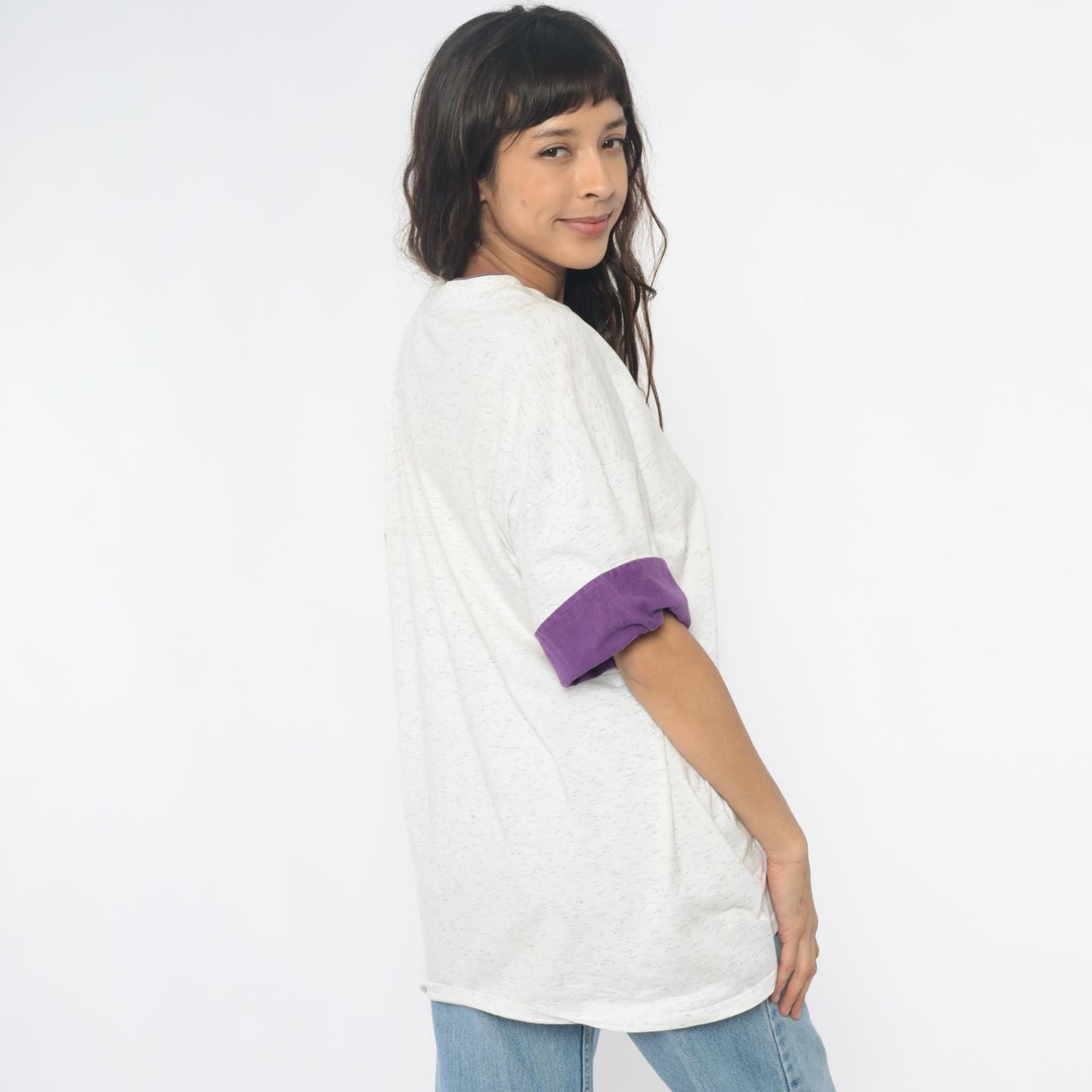 90s Boston Along The Charles River Graphic Tee Purple Ringer Sleeves Large