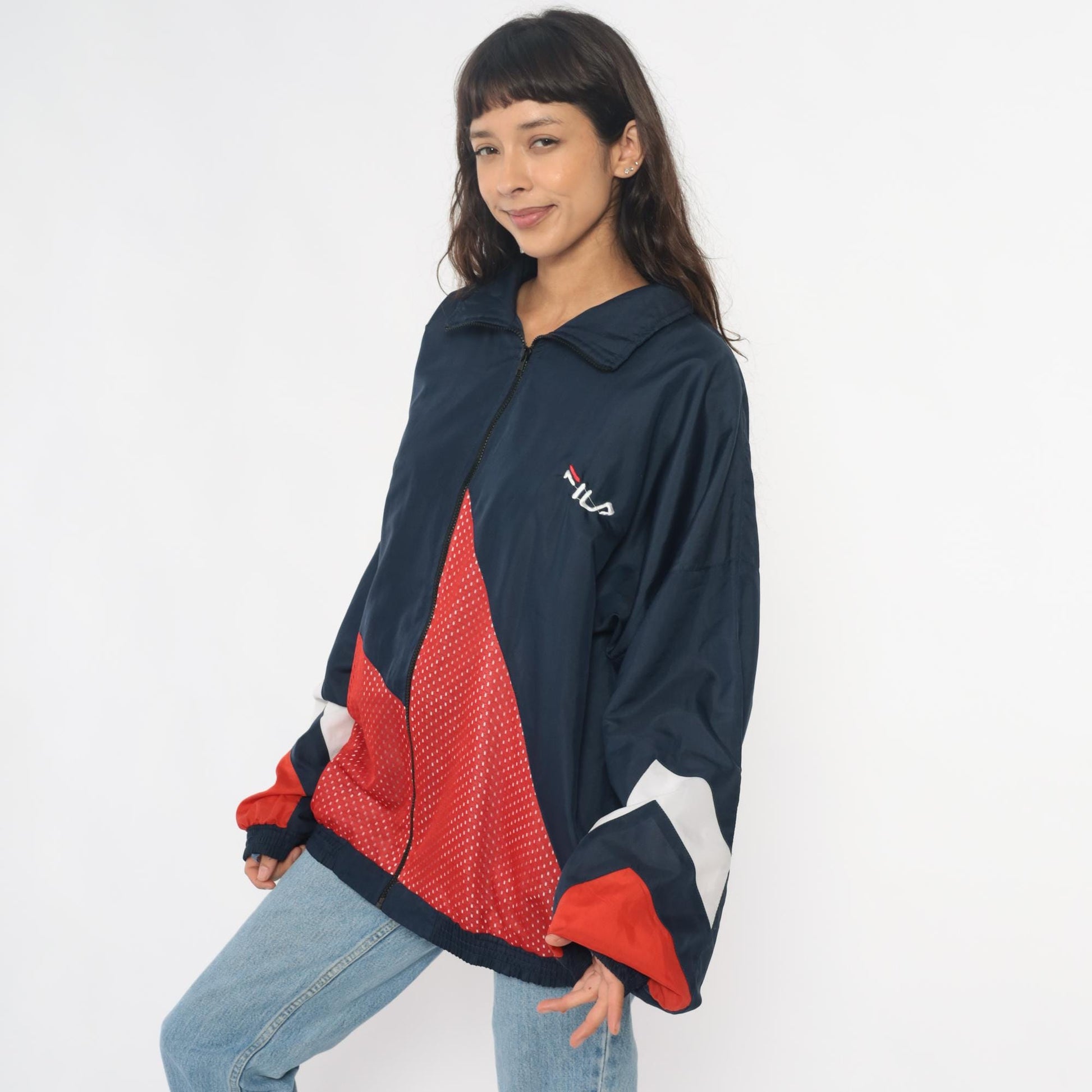 90s Fila Windbreaker Colorblock Navy Red White Full Zip Track Jacket Extra Large