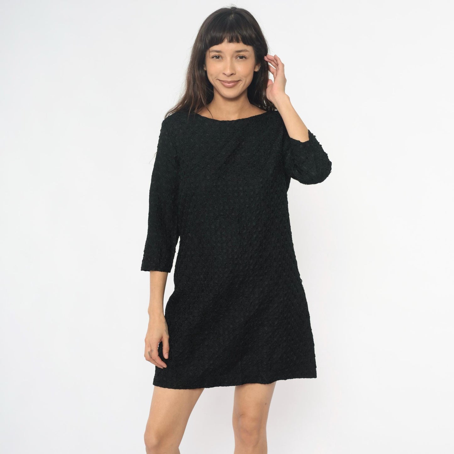 60s Black Shift Dress Boucle Boat Neckline Three-Quarter Sleeve Medium M