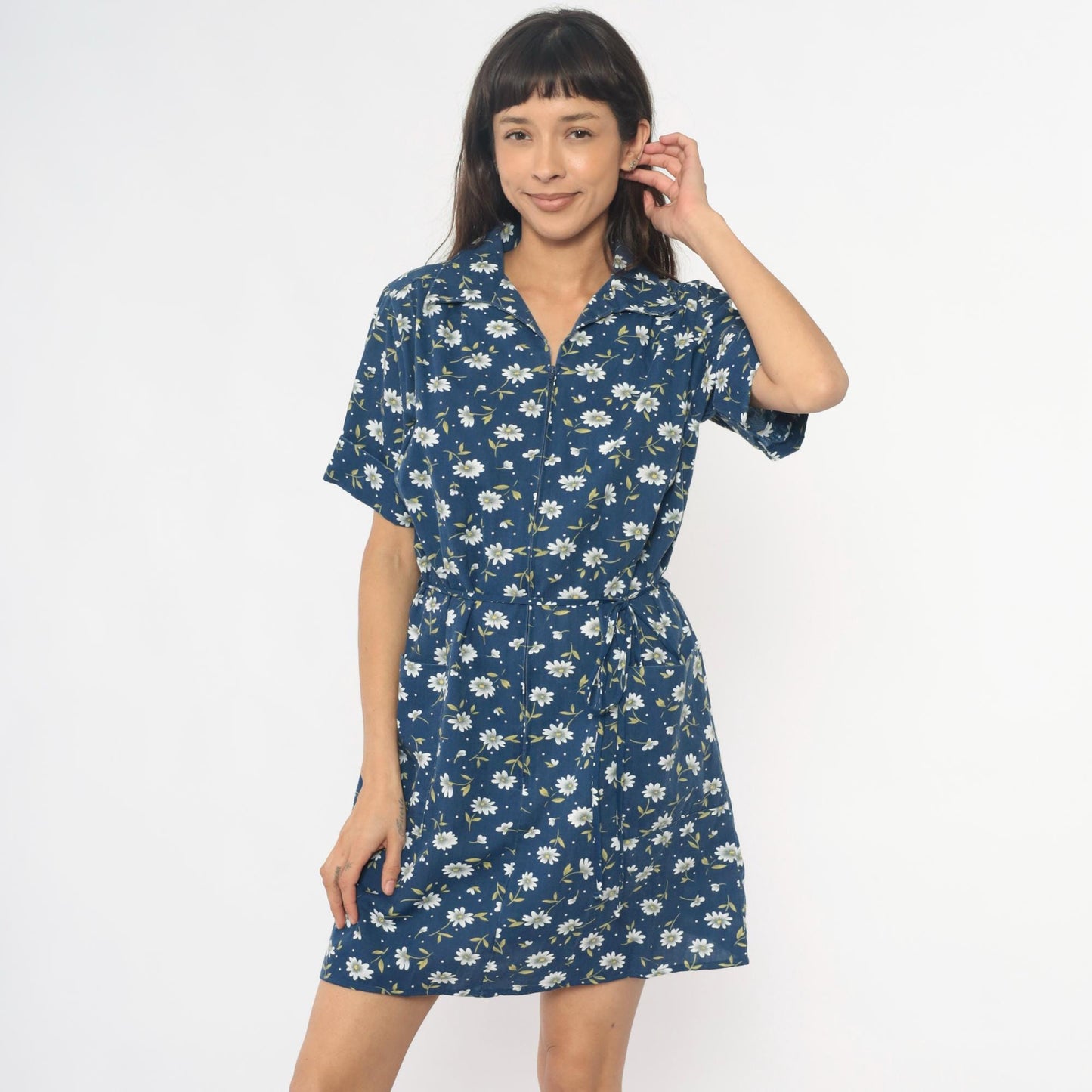 90s Carole Navy Floral Daisy Dress Collared Button Front Cotton Medium M