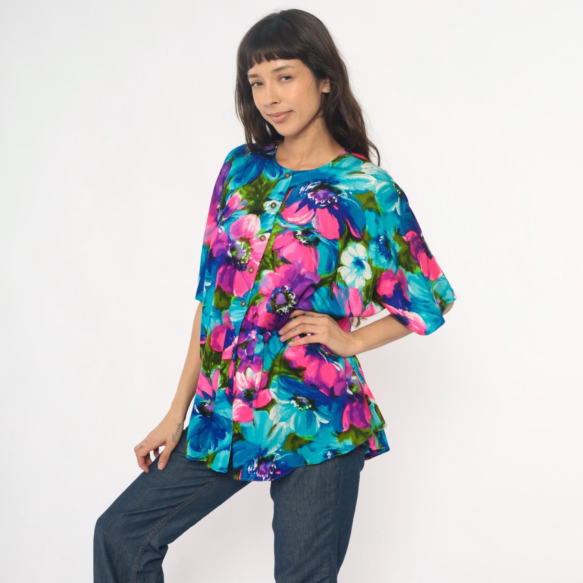 70s Haleaka Fashions Floral Button-Up Tunic Pink Purple Blue Cotton