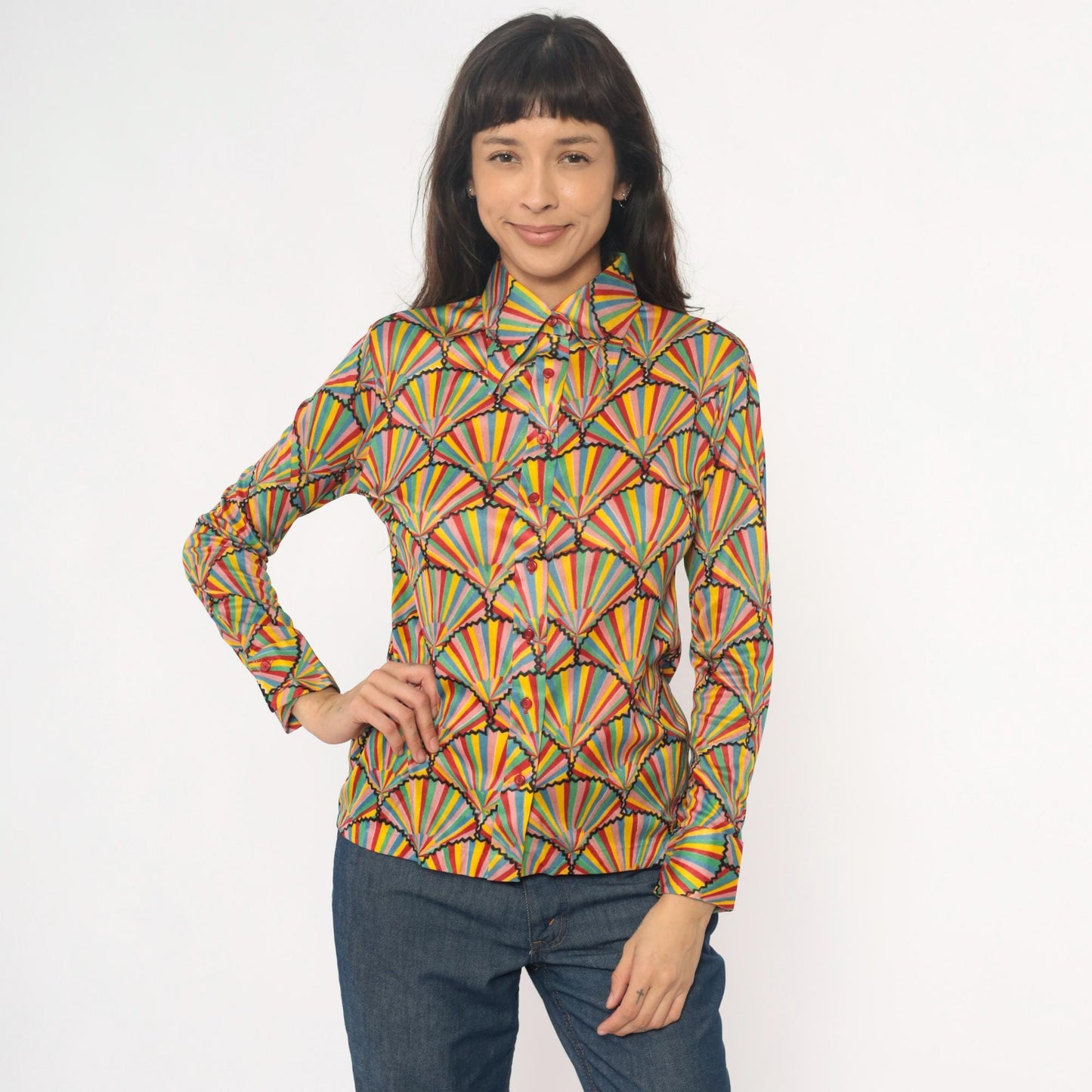 70s Helen Sue Geometric Fan Sunburst Blouse Multicolor Striped Collared Medium
