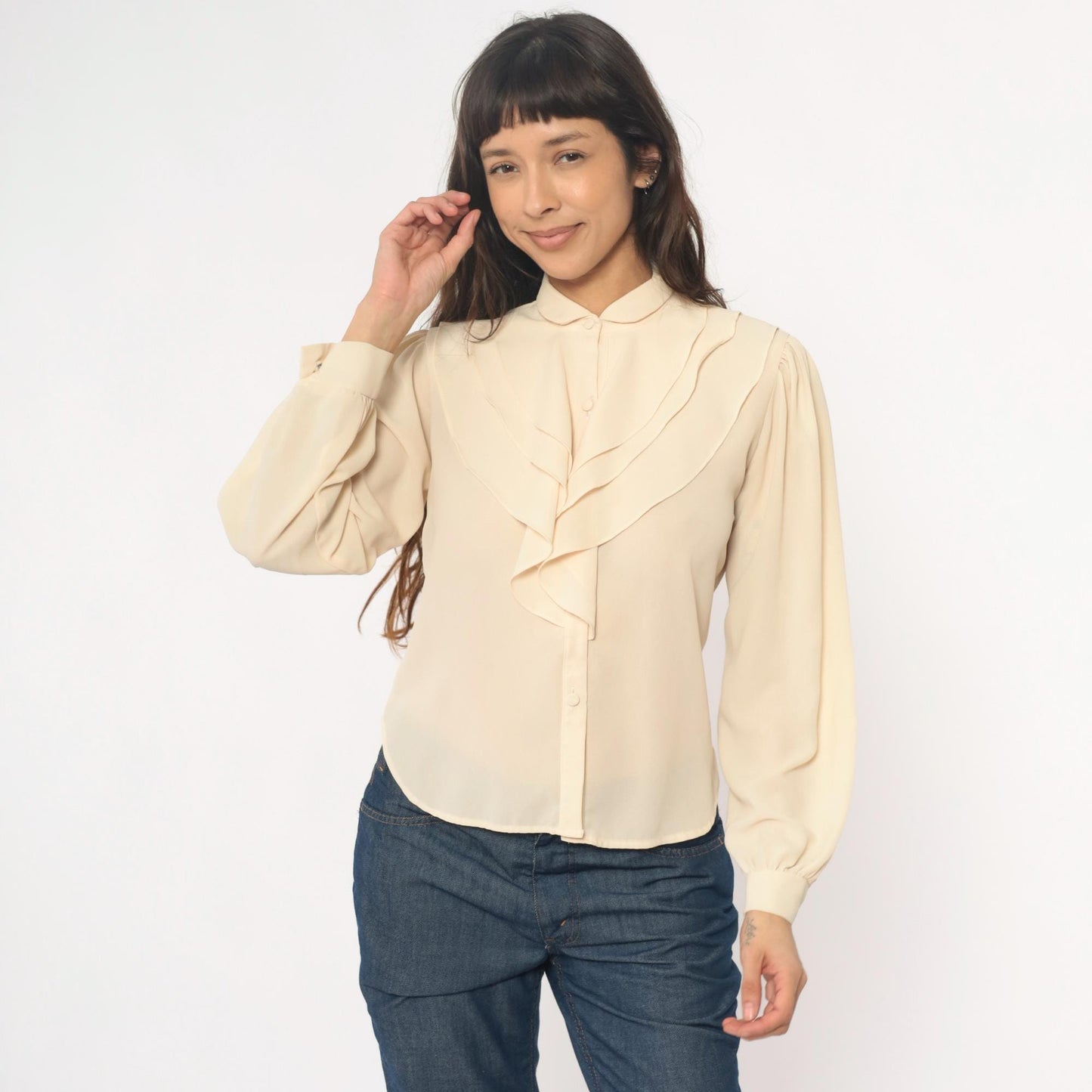 70s Cream Peter Pan Collar Blouse Puff Sleeve Button Front Ruffle Medium