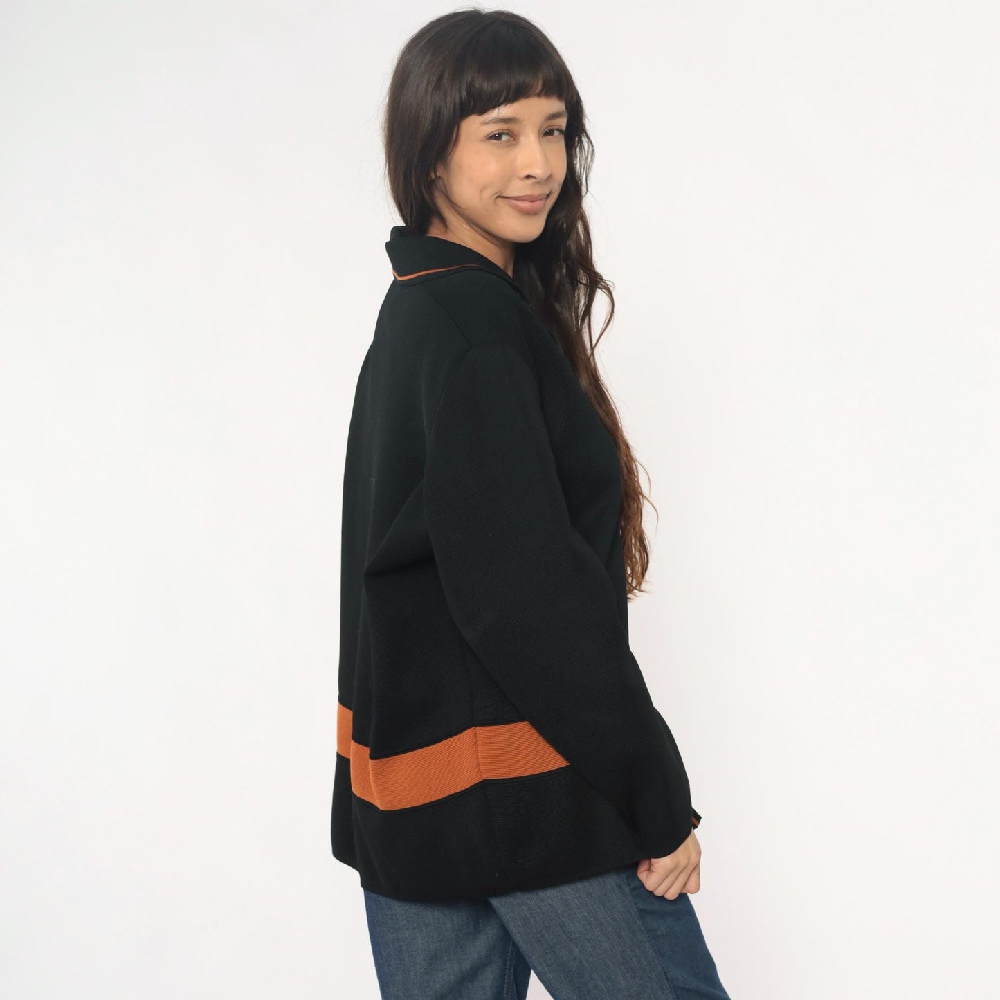 70s Black Knit Blazer Gold Buttons Rust Orange Trim Collared Jacket Large L