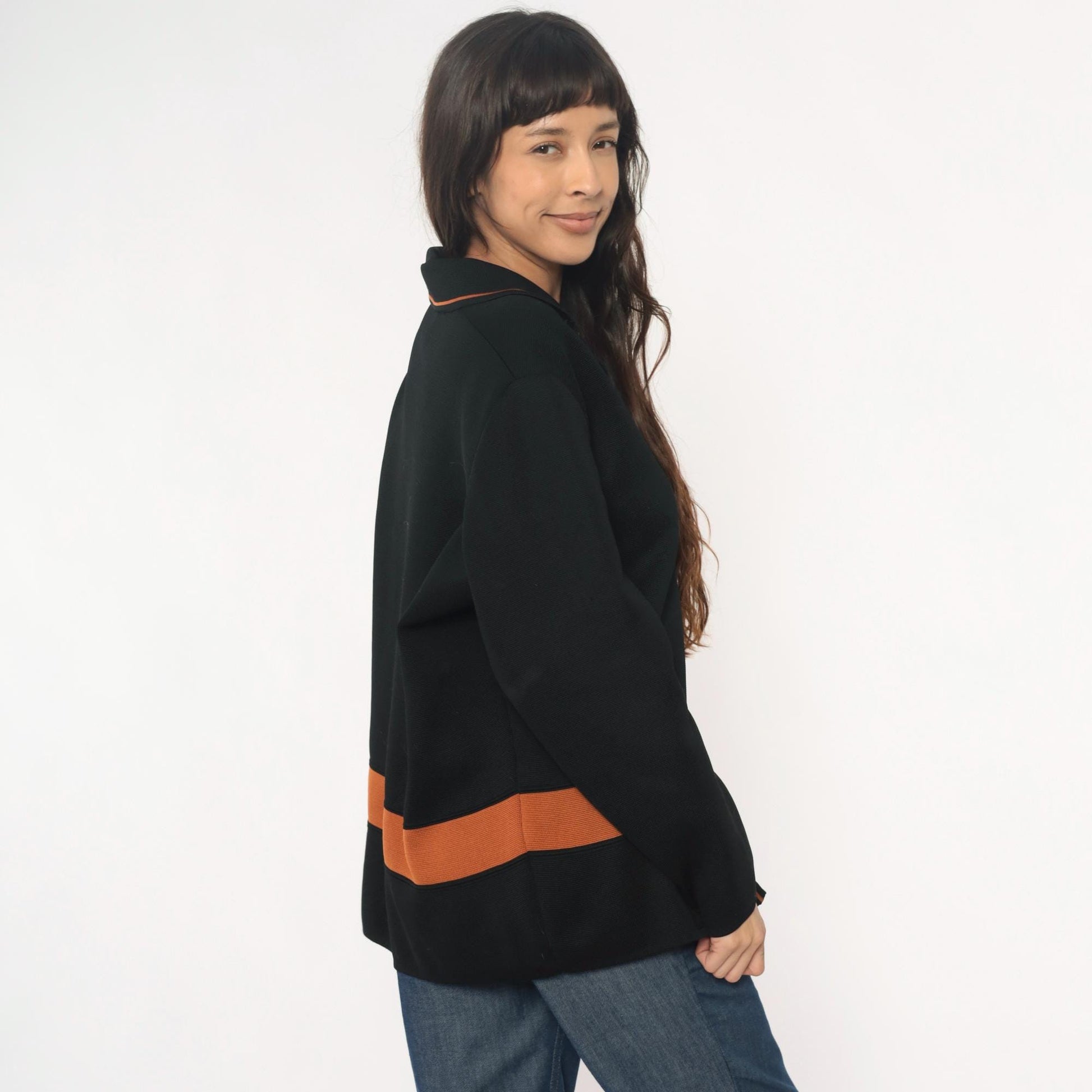 70s Black Knit Blazer Gold Buttons Rust Orange Trim Collared Jacket Large L