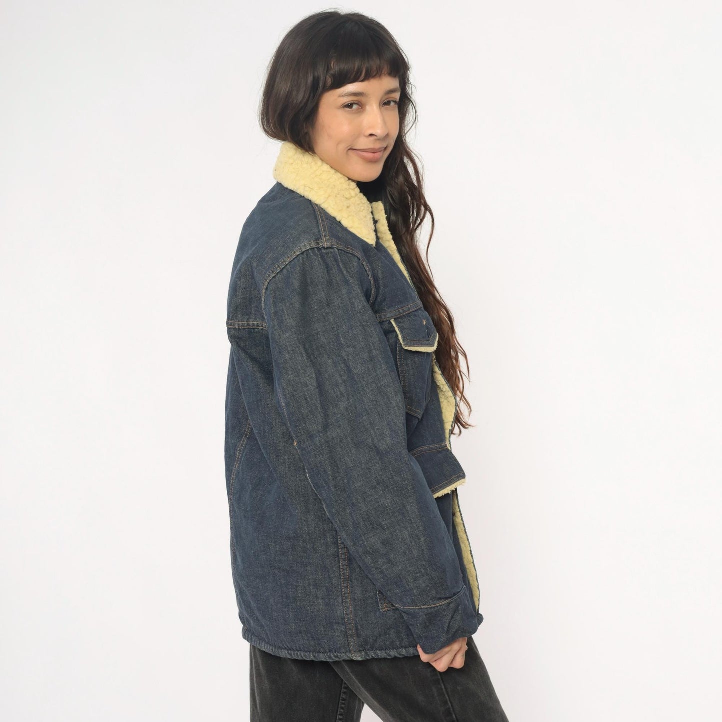 70s Roebucks Denim Jacket Sherpa Lined Dark Indigo Cream Workwear Medium Large