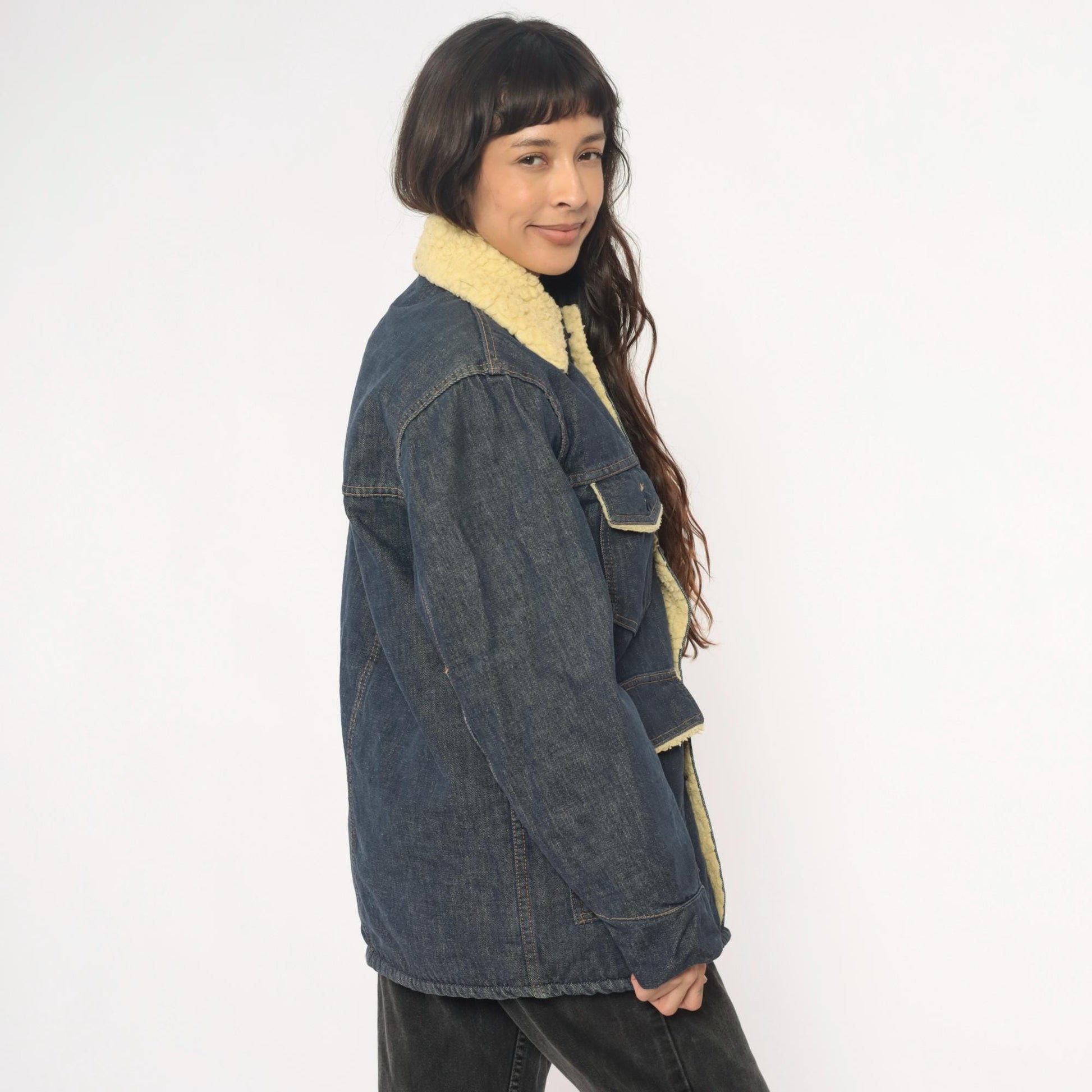 70s Roebucks Denim Jacket Sherpa Lined Dark Indigo Cream Workwear Medium Large