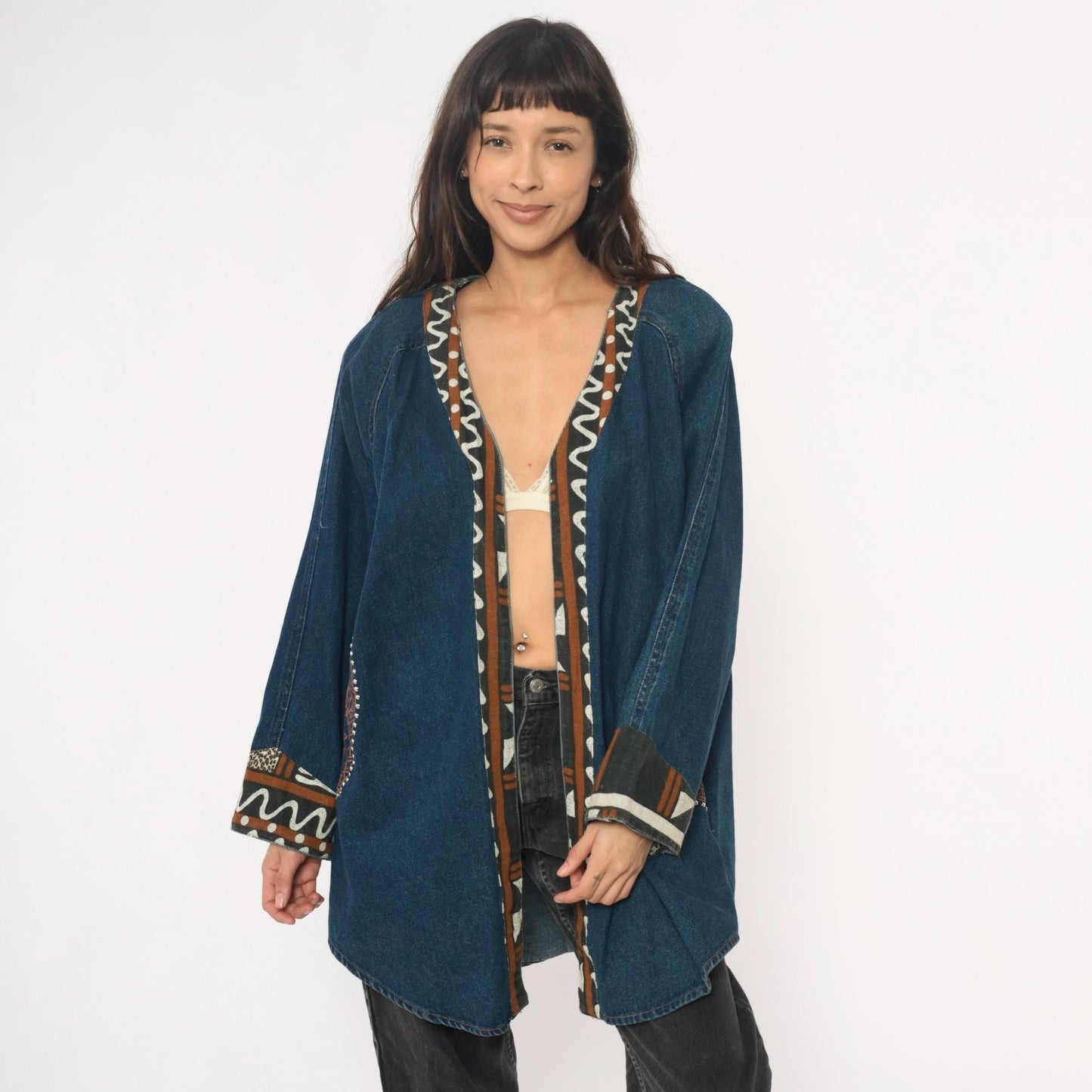 90s Southwestern Denim Jacket Tribal Embroidered Studs Blue Medium