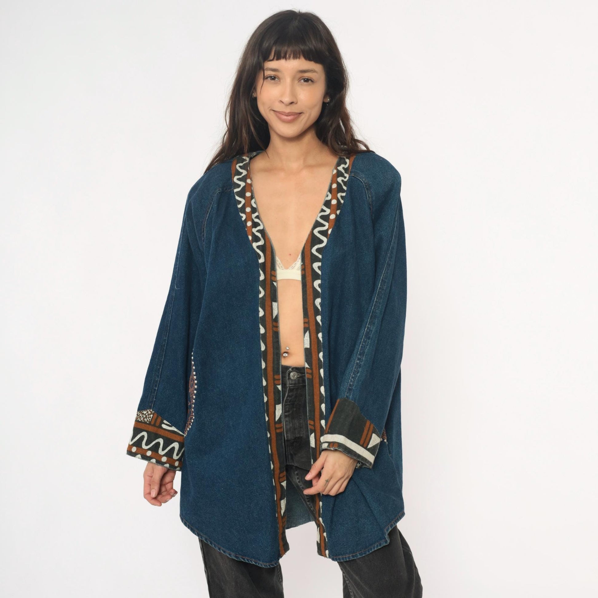 90s Southwestern Denim Jacket Tribal Embroidered Studs Blue Medium