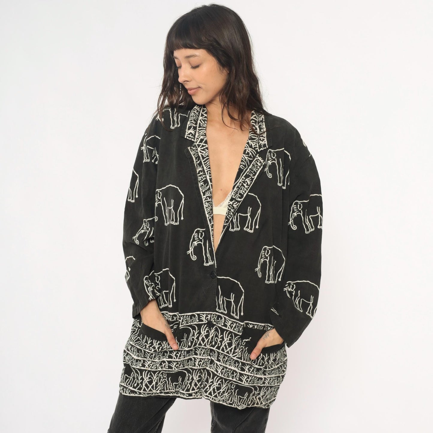 90s Black Cotton Elephant Print Tunic Jacket Collared Medium M