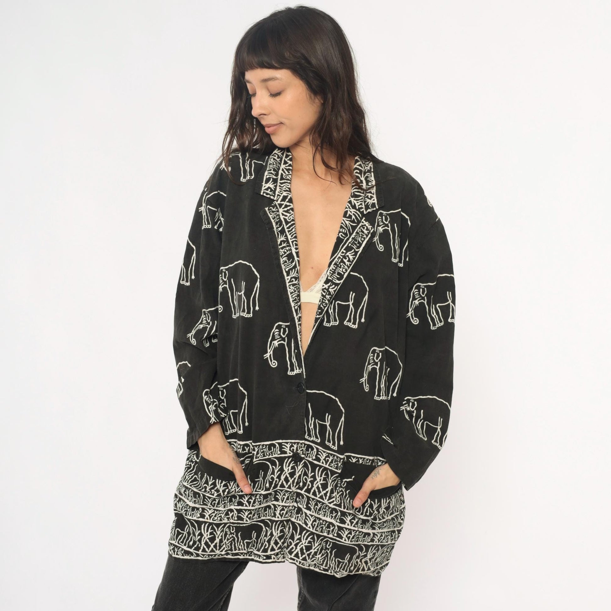 90s Black Cotton Elephant Print Tunic Jacket Collared Medium M