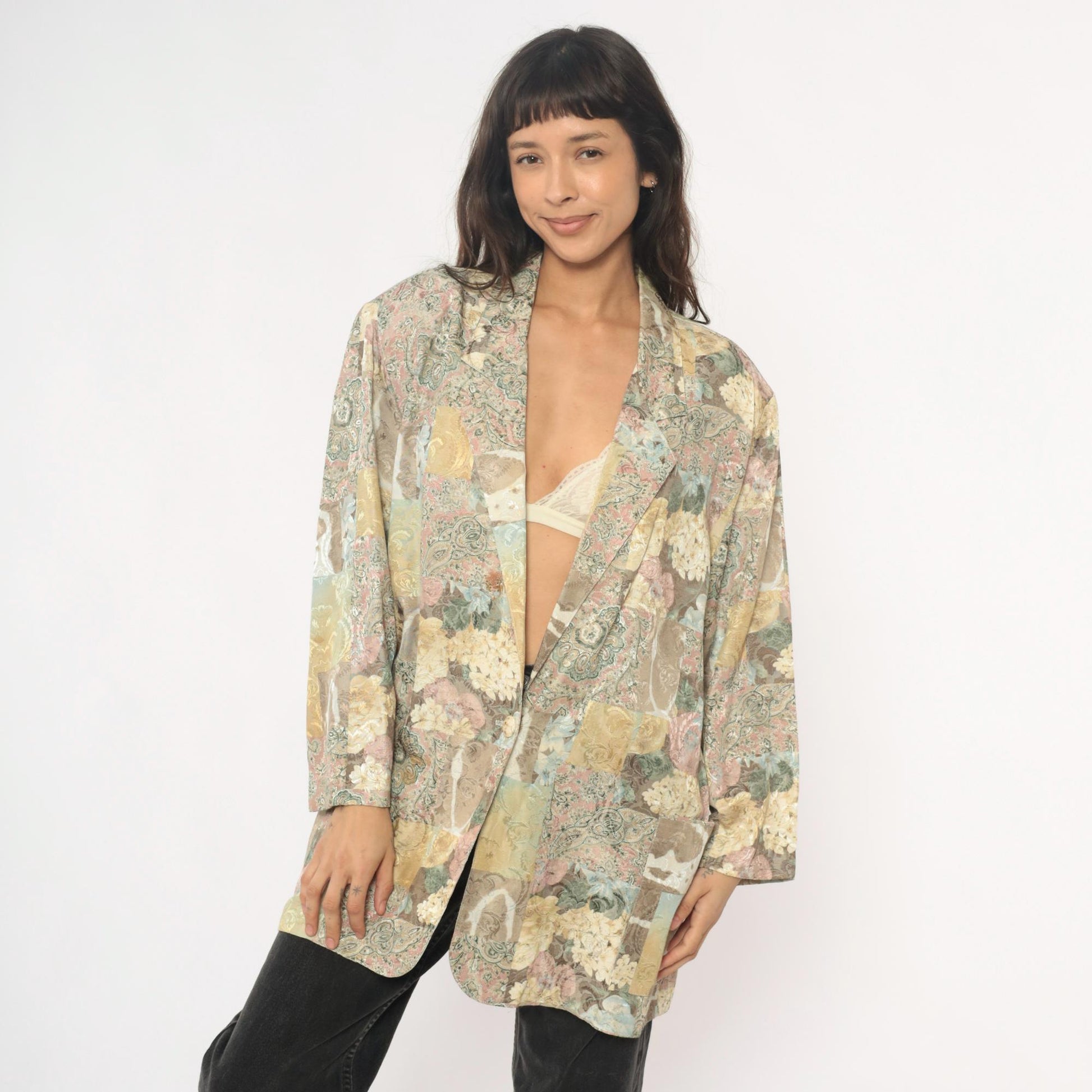 90s Melissa Robyn Floral Paisley Open Blazer Cream Multi Medium