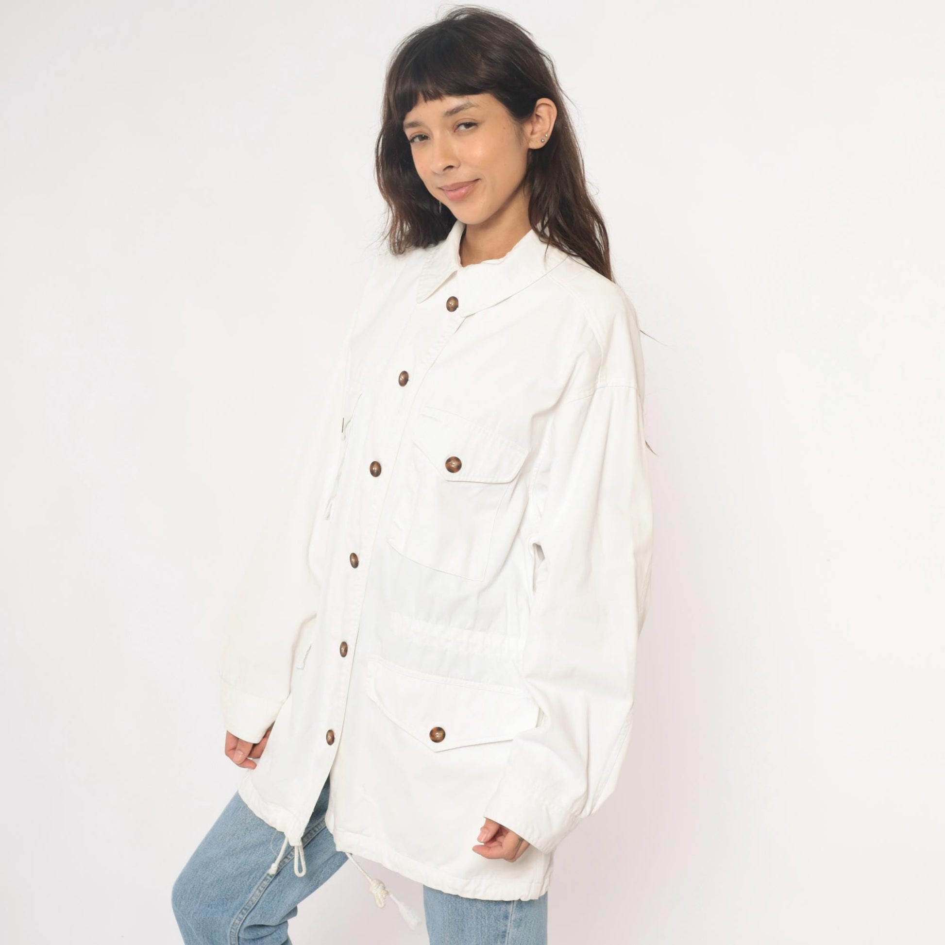 90s Adrienne Vittadini Cotton Utility Jacket Cream Pointed Collar Medium M