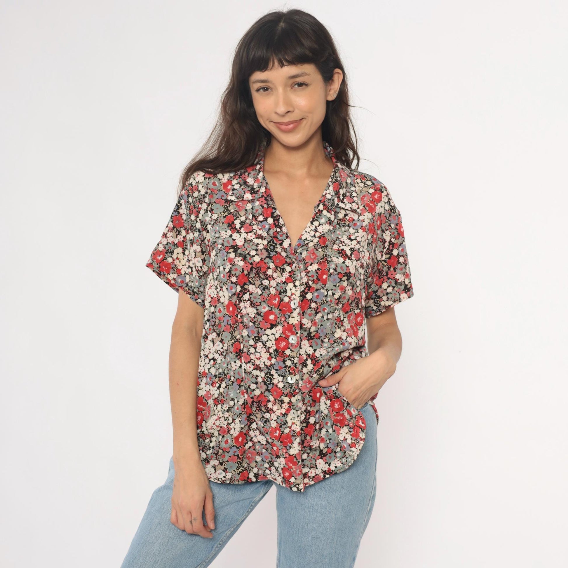 90s Zenobia Floral Button-Up Blouse Short Sleeve Black Cream Plus Size XXL