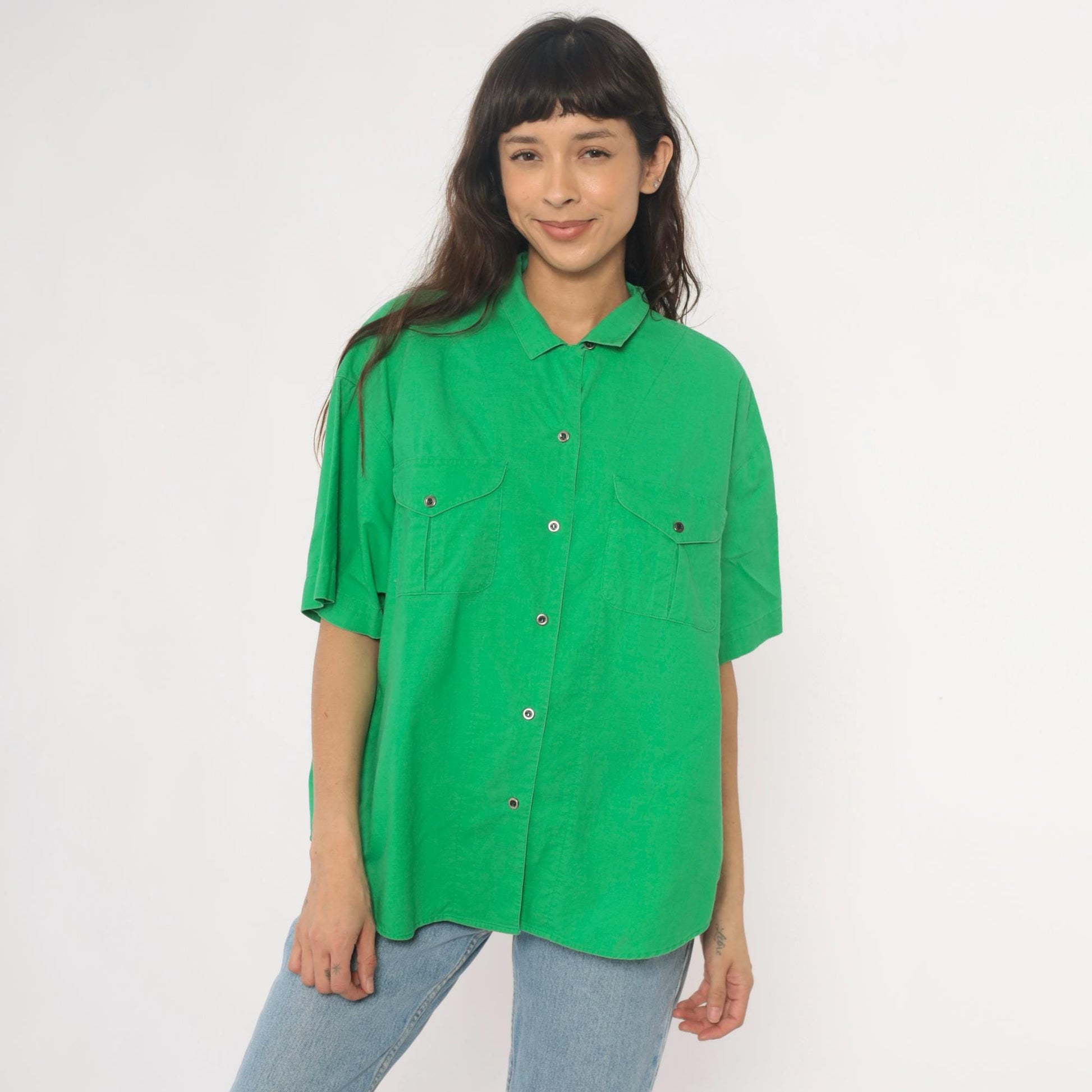 90s Chaus Sport Kelly Green Cotton Button-Up Shirt Large L