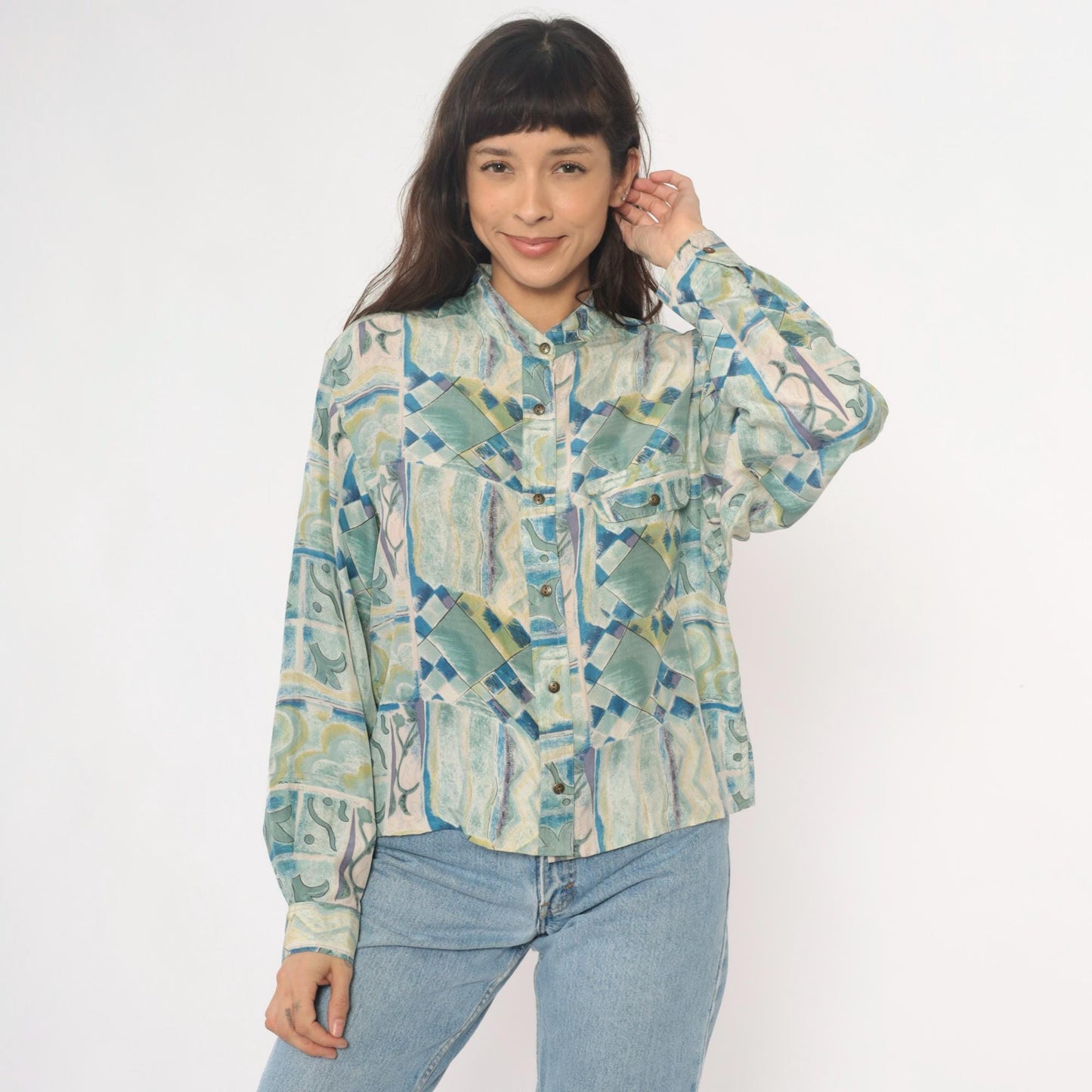 90s Silk Blouse Abstract Geometric Print Blue Green Cream Button Front Medium M