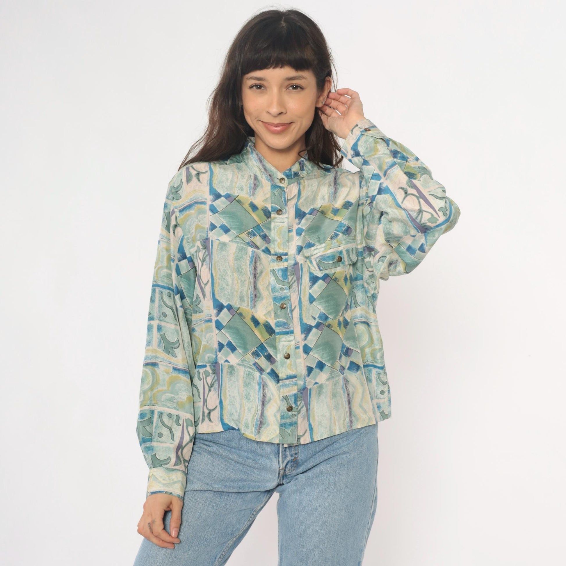 90s Silk Blouse Abstract Geometric Print Blue Green Cream Button Front Medium M