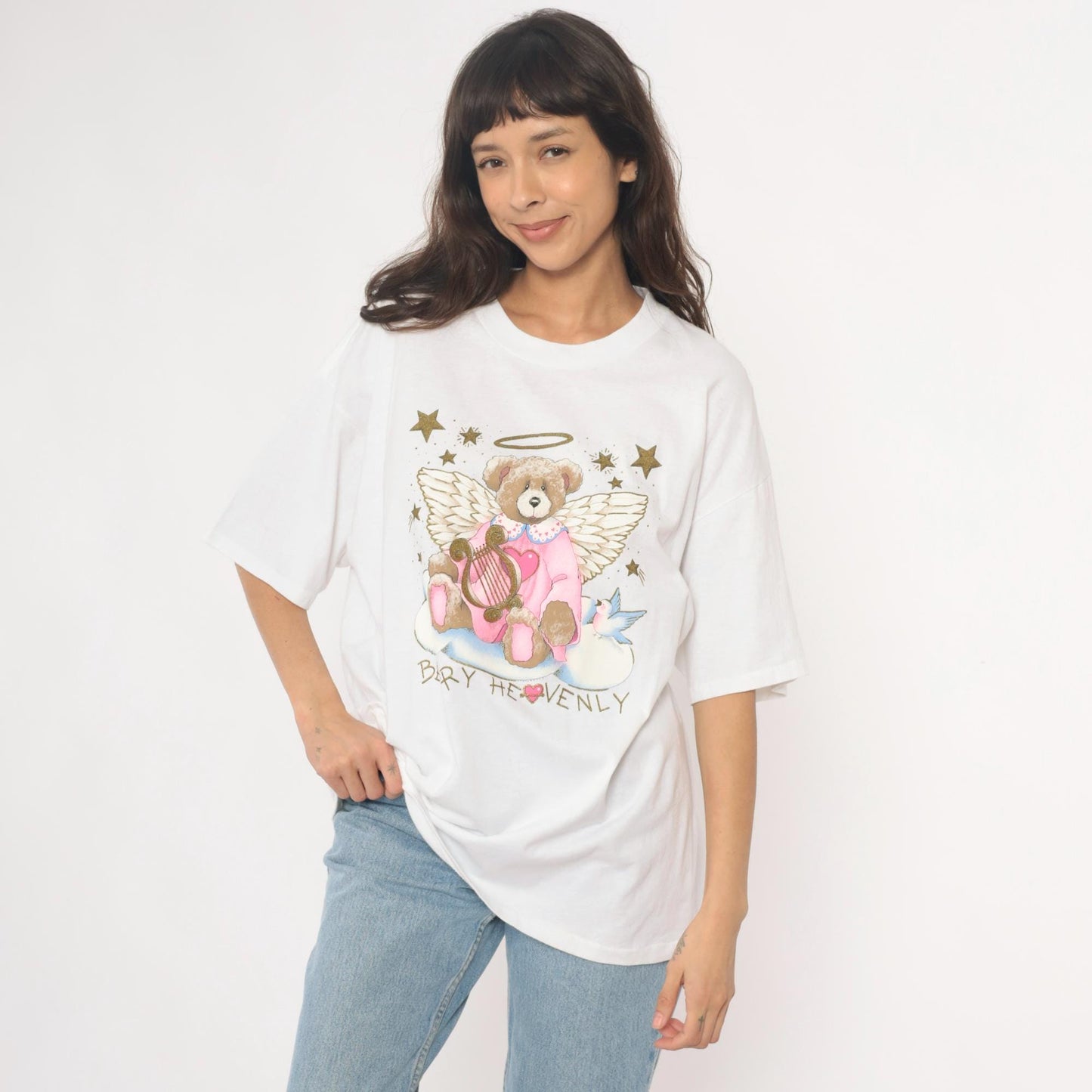 90s Oneita Beary Heavenly Angel Teddy Bear Graphic Tee White Plus Size XXL