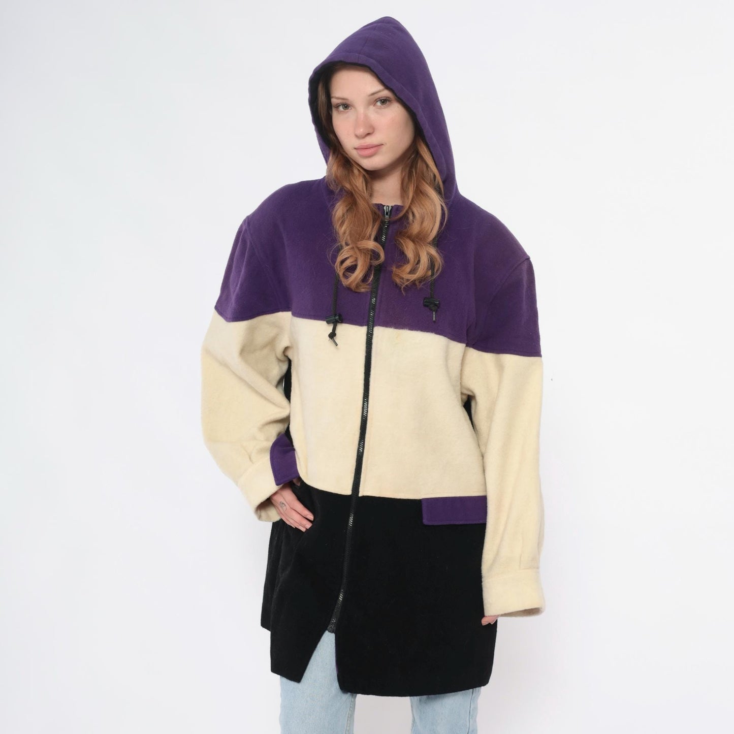 90s Spencer Douglas Colorblock Hooded Jacket Purple Cream Black Wool Blend Extra Large