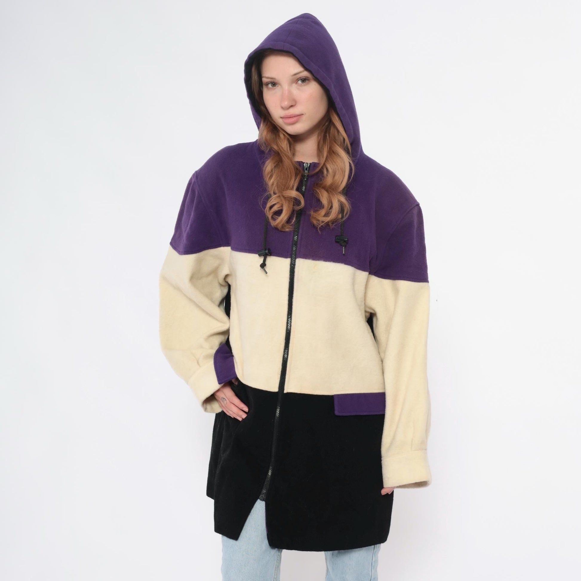 90s Spencer Douglas Colorblock Hooded Jacket Purple Cream Black Wool Blend Extra Large
