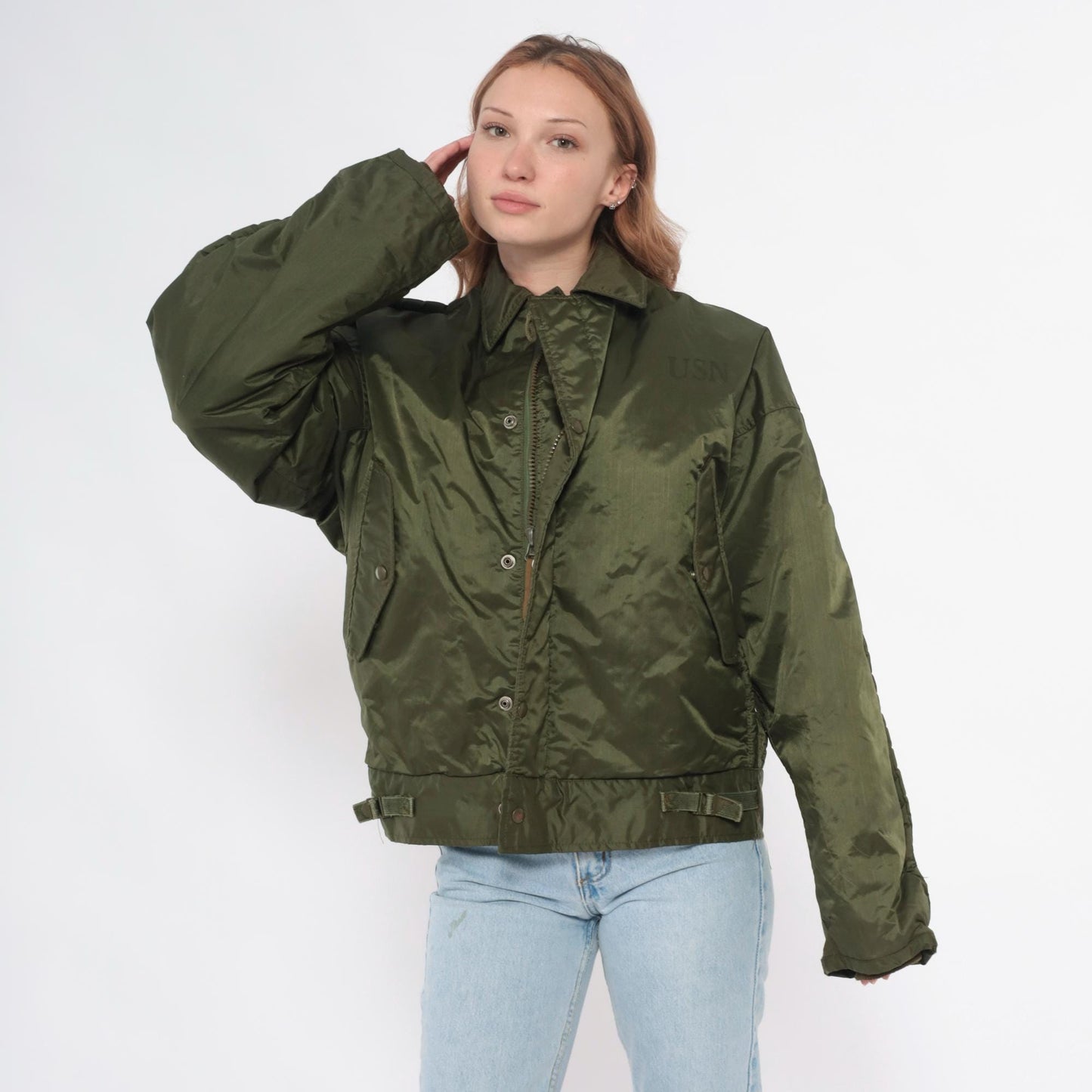 60s US Navy A1 Bomber Jacket Olive Green Quilted Lined Medium