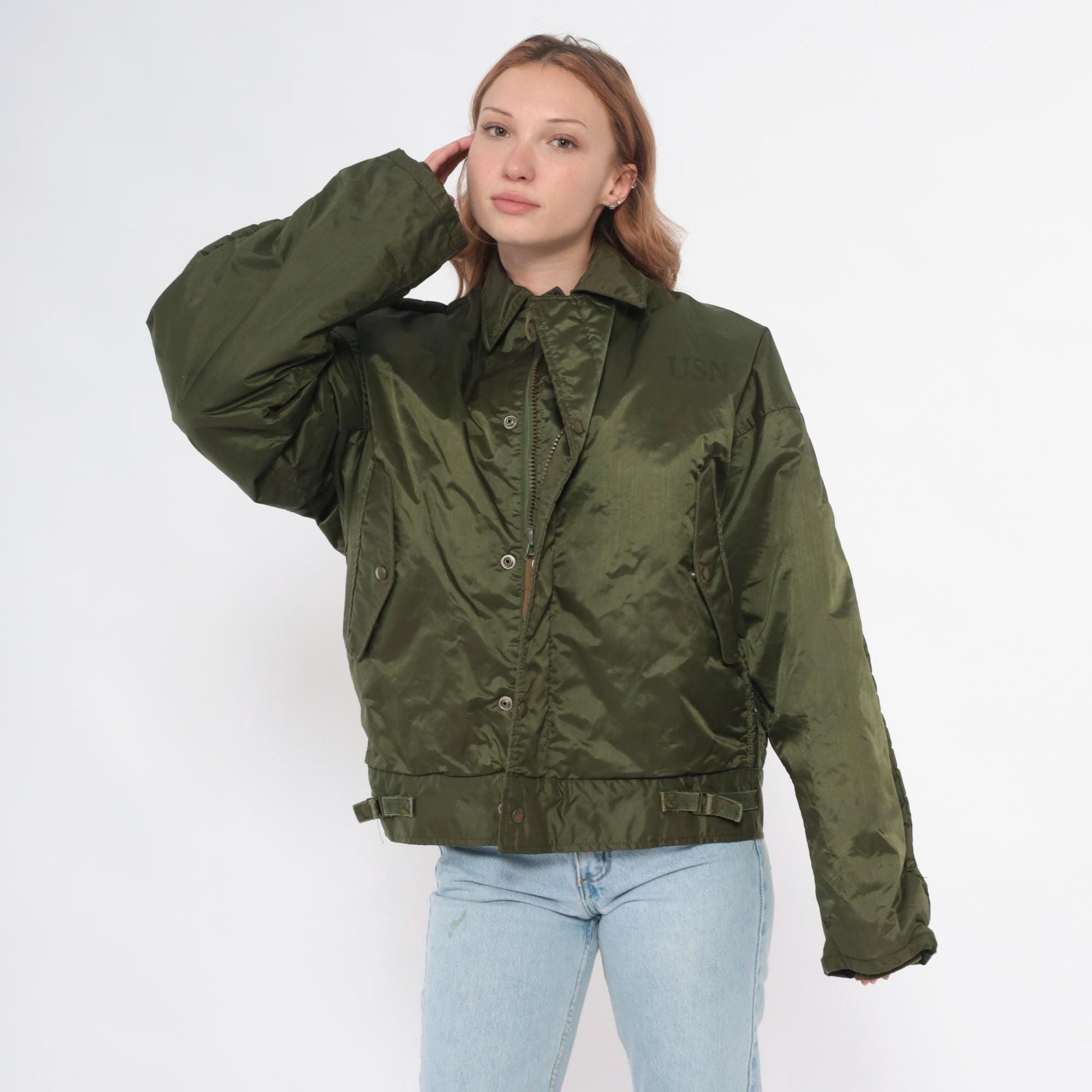 60s US Navy A1 Bomber Jacket Olive Green Quilted Lined Medium