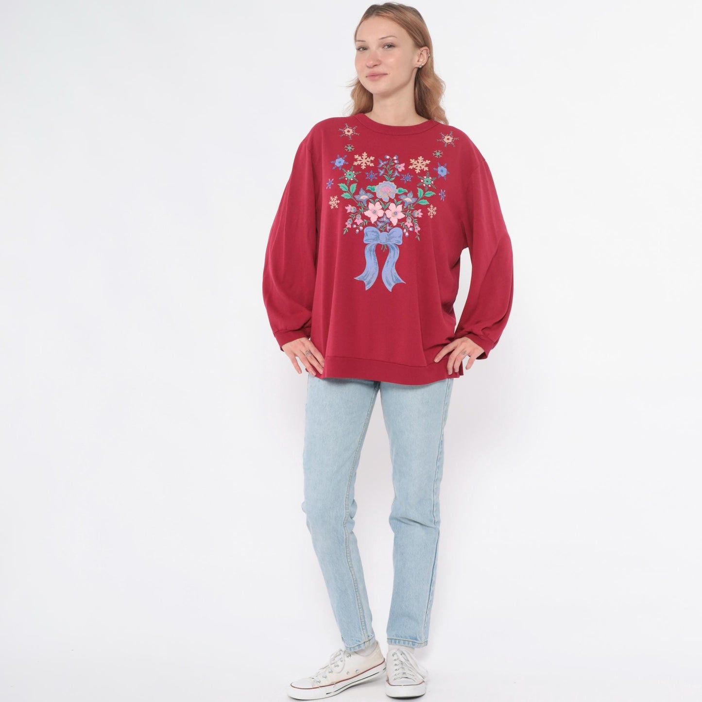 90s Hot Pink Floral Snowflake Embroidered Sweatshirt Crewneck Extra Large XXL