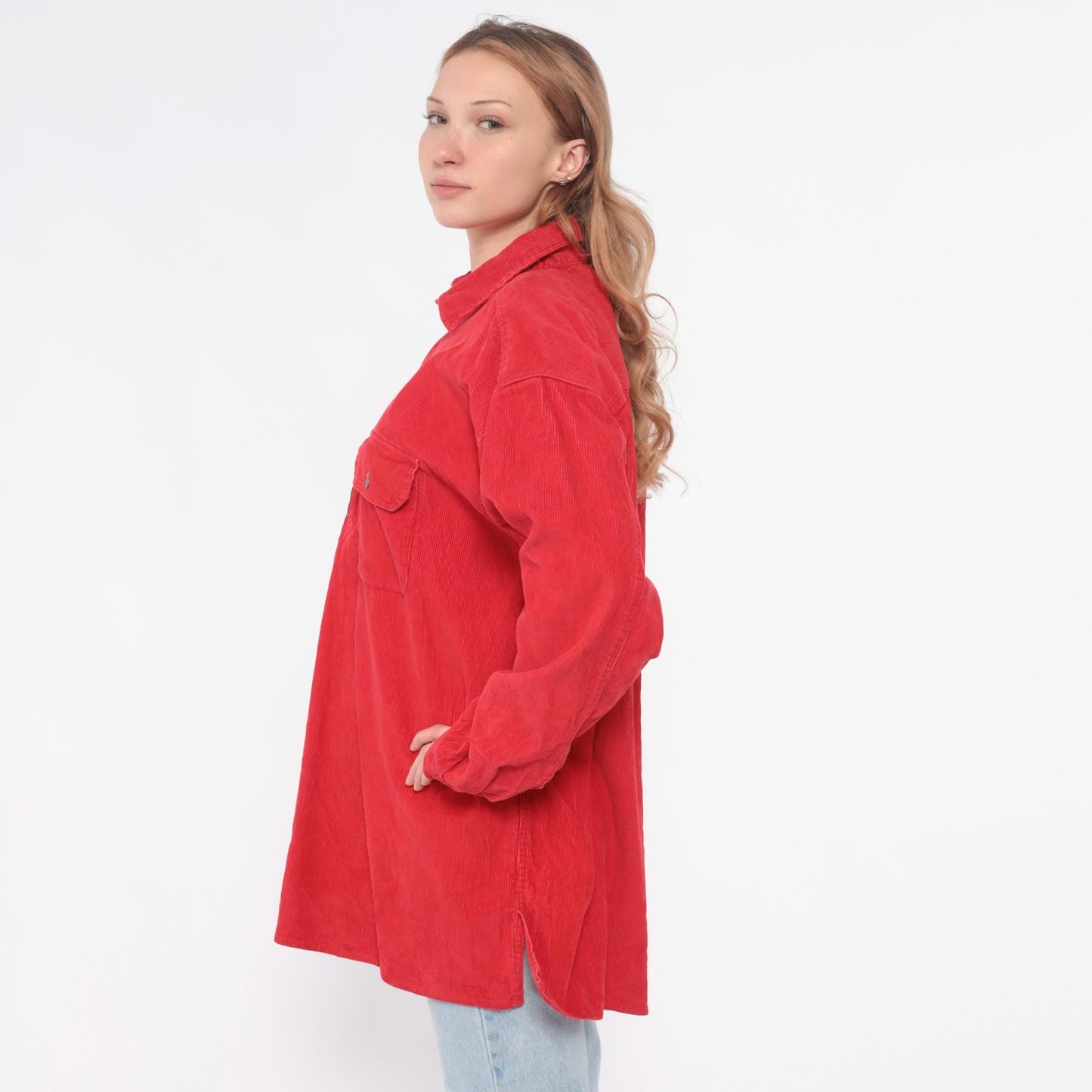 90s Marlboro Corduroy Half-Zip Shirt Red Cotton Collared Medium