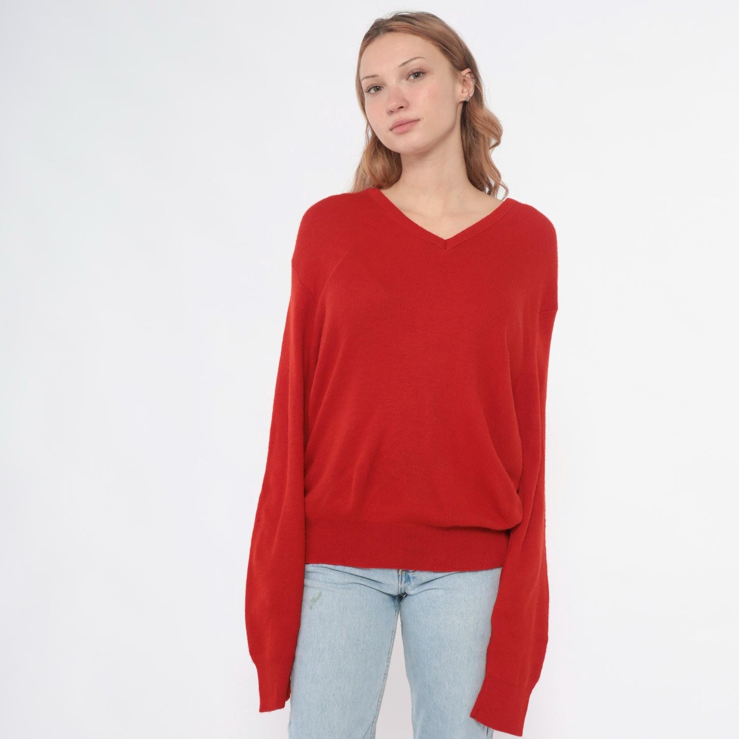 90s Puritan Red V-Neck Sweater Ribbed Knit Pullover Large L