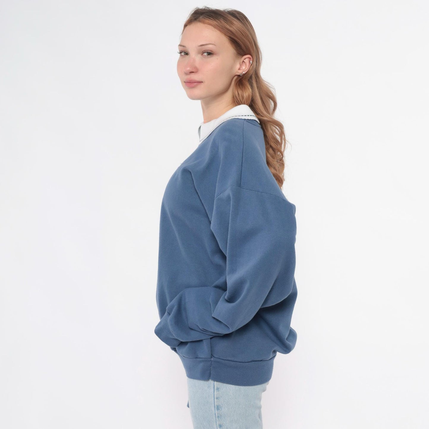 90s Morning Sun Butterfly Embroidered Sweatshirt Dusty Blue Peter Pan Collar Large