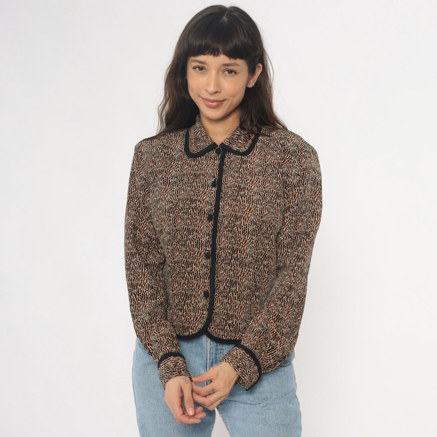 Y2K Nancy Crystal Cropped Jacket Brown Animal Print Peter Pan Collar Large L