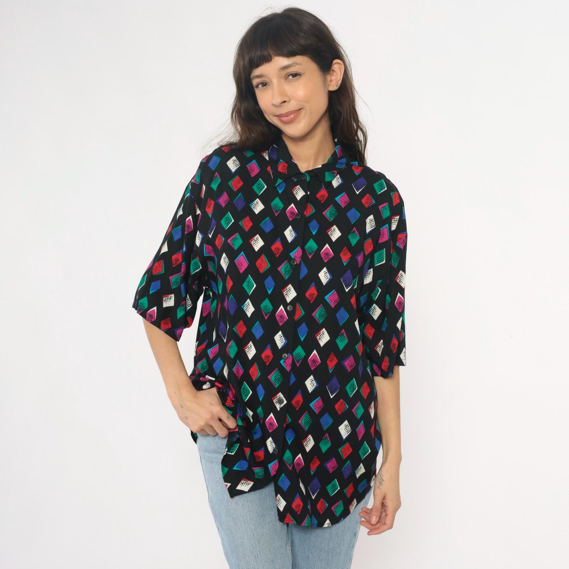 90s Black Harlequin Diamond Rayon Shirt Multicolor Button-Front Medium
