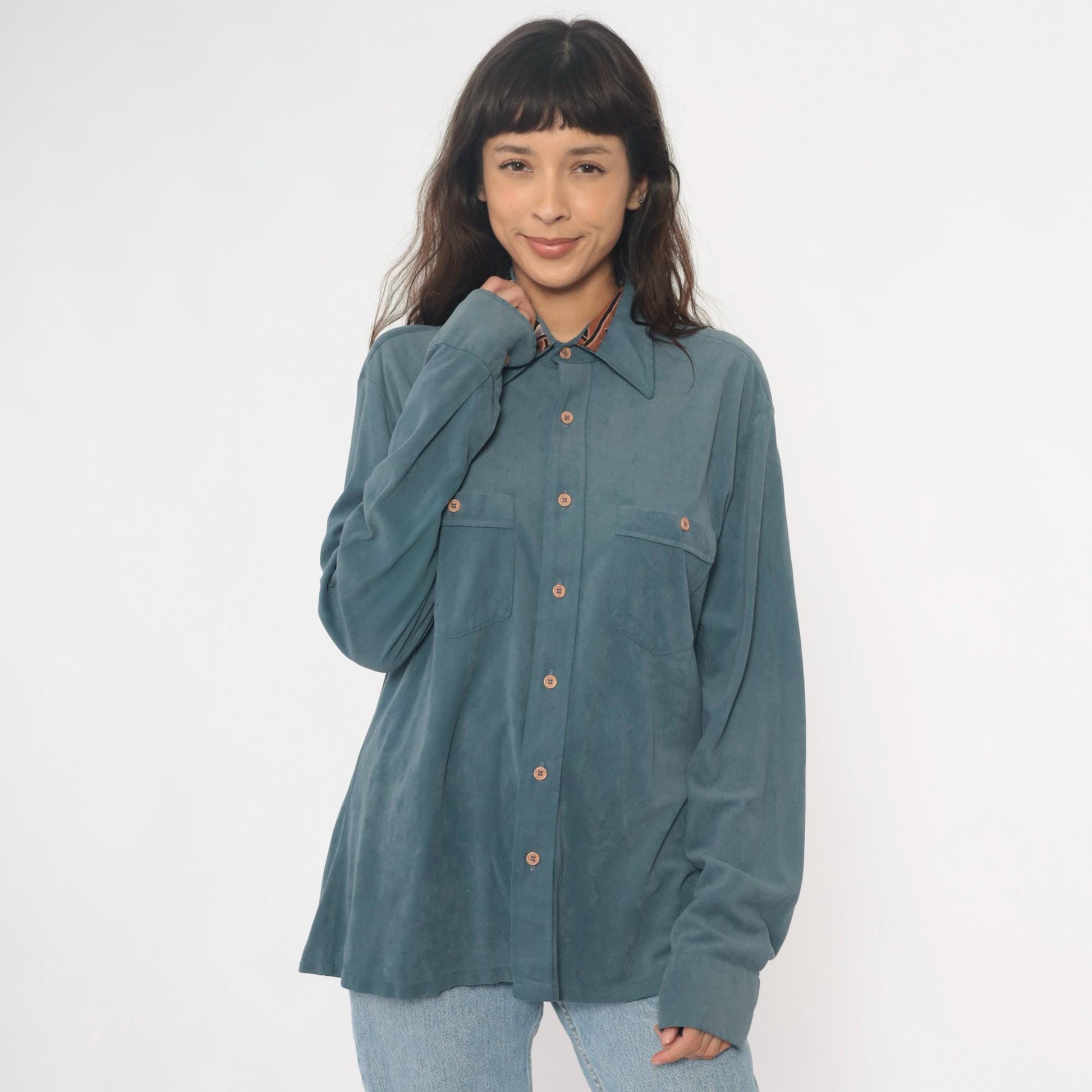 70s Macys California Blue-Teal Safari Shirt Pointed Collar Chest Pockets Large