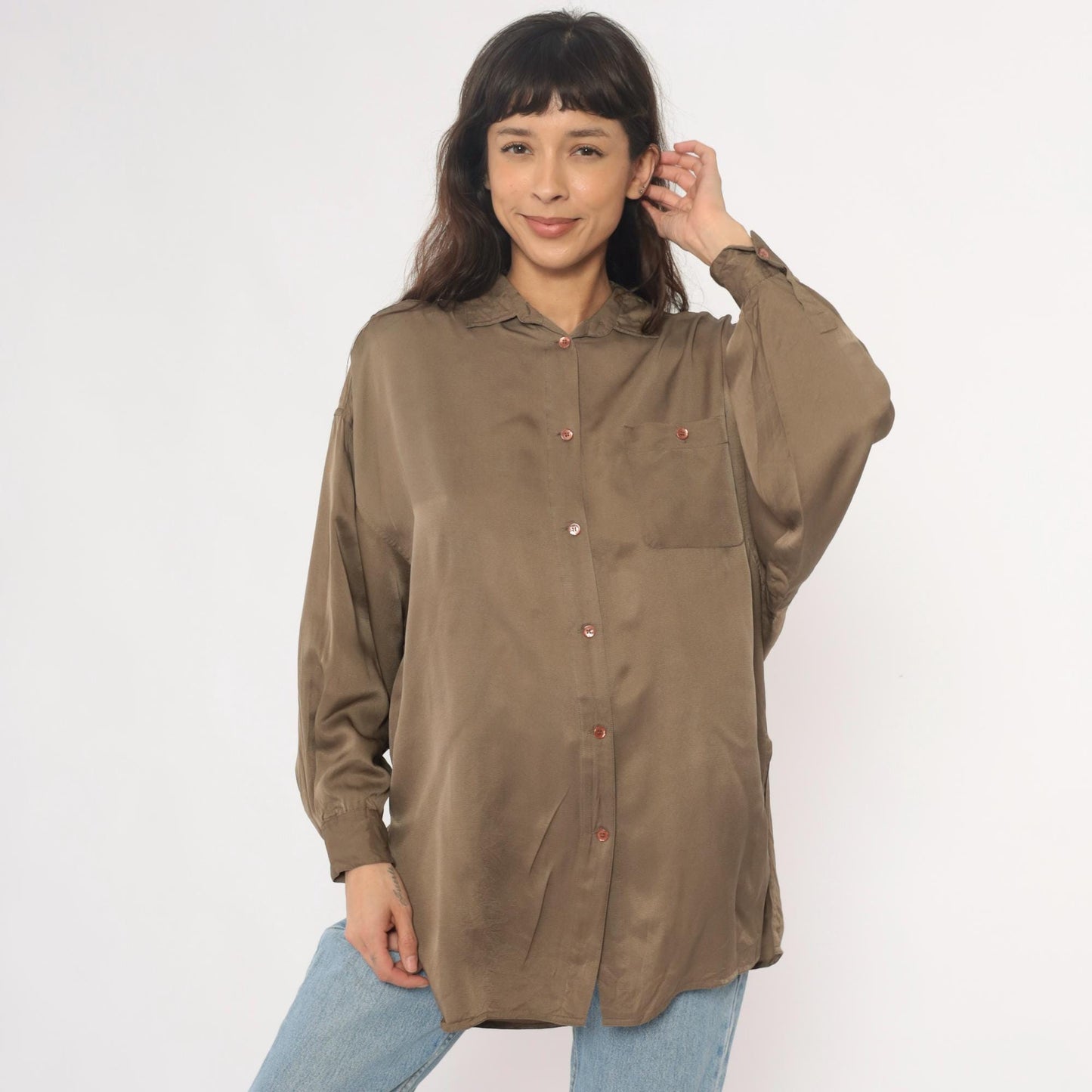 90s La Vogue Silk Button-Up Blouse Olive Chest Pocket Medium M