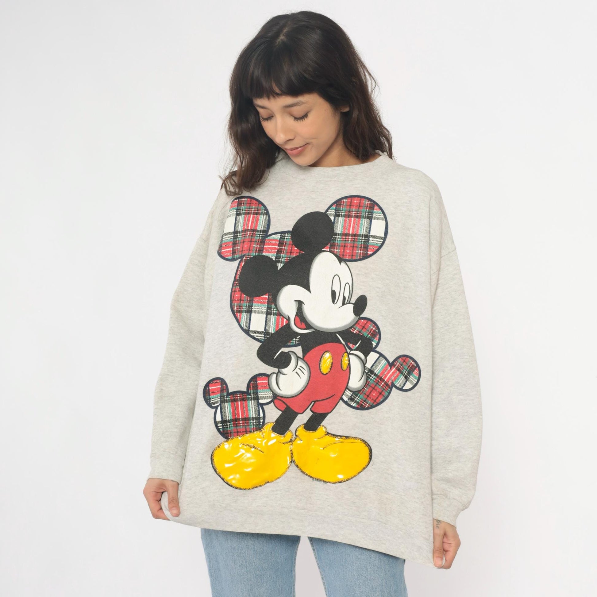 90s Mickey Unlimited Sweatshirt Grey Plaid Graphic Crewneck Extra Large XL