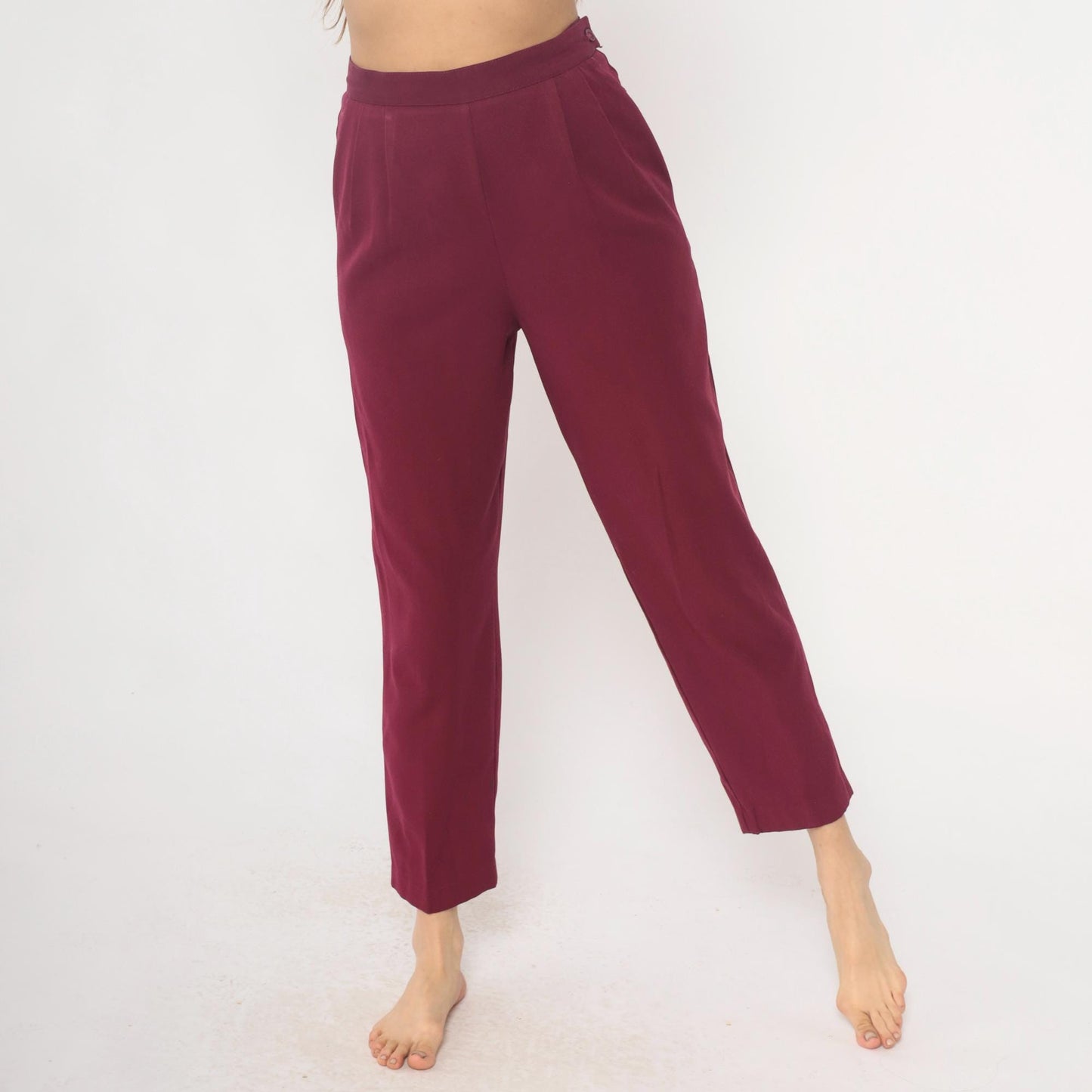 80s Burgundy High-Waist Pleated Tapered Trousers Cropped Length Medium