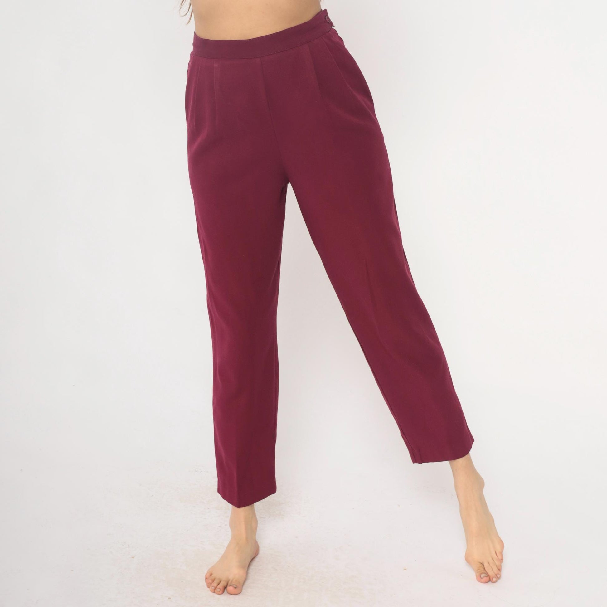 80s Burgundy High-Waist Pleated Tapered Trousers Cropped Length Medium