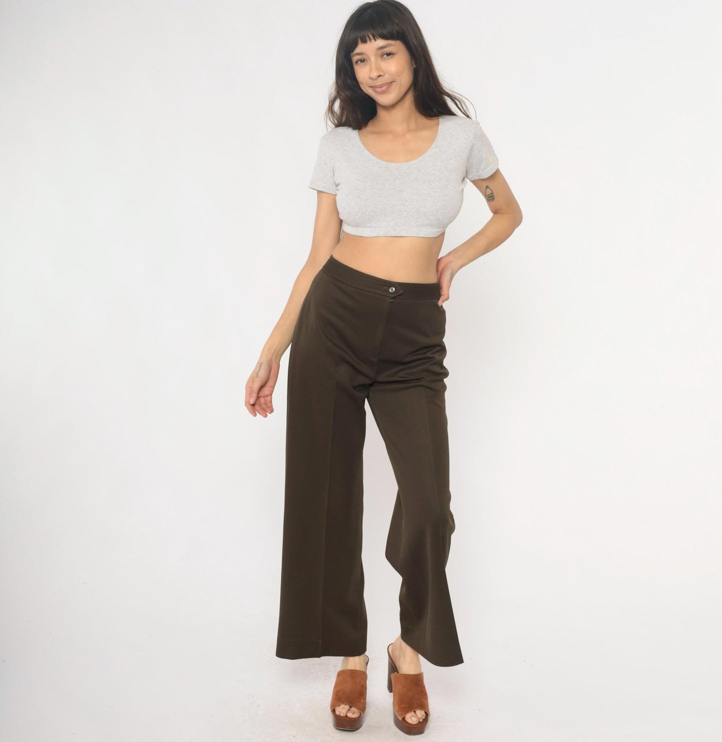 70s High Waisted Brown Straight Leg Trousers Flat Front Medium