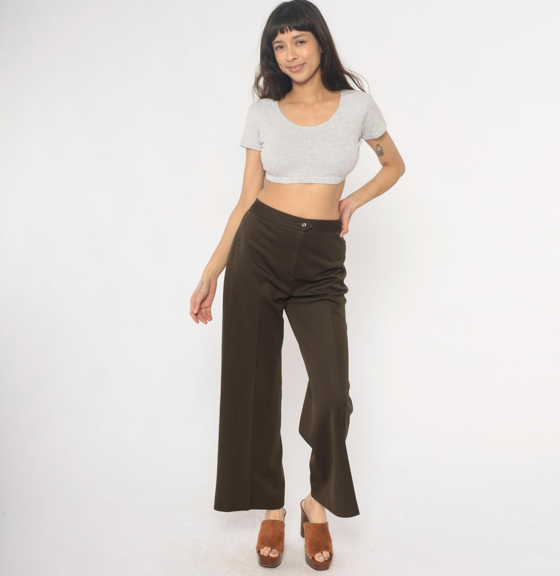 70s High Waisted Brown Straight Leg Trousers Flat Front Medium