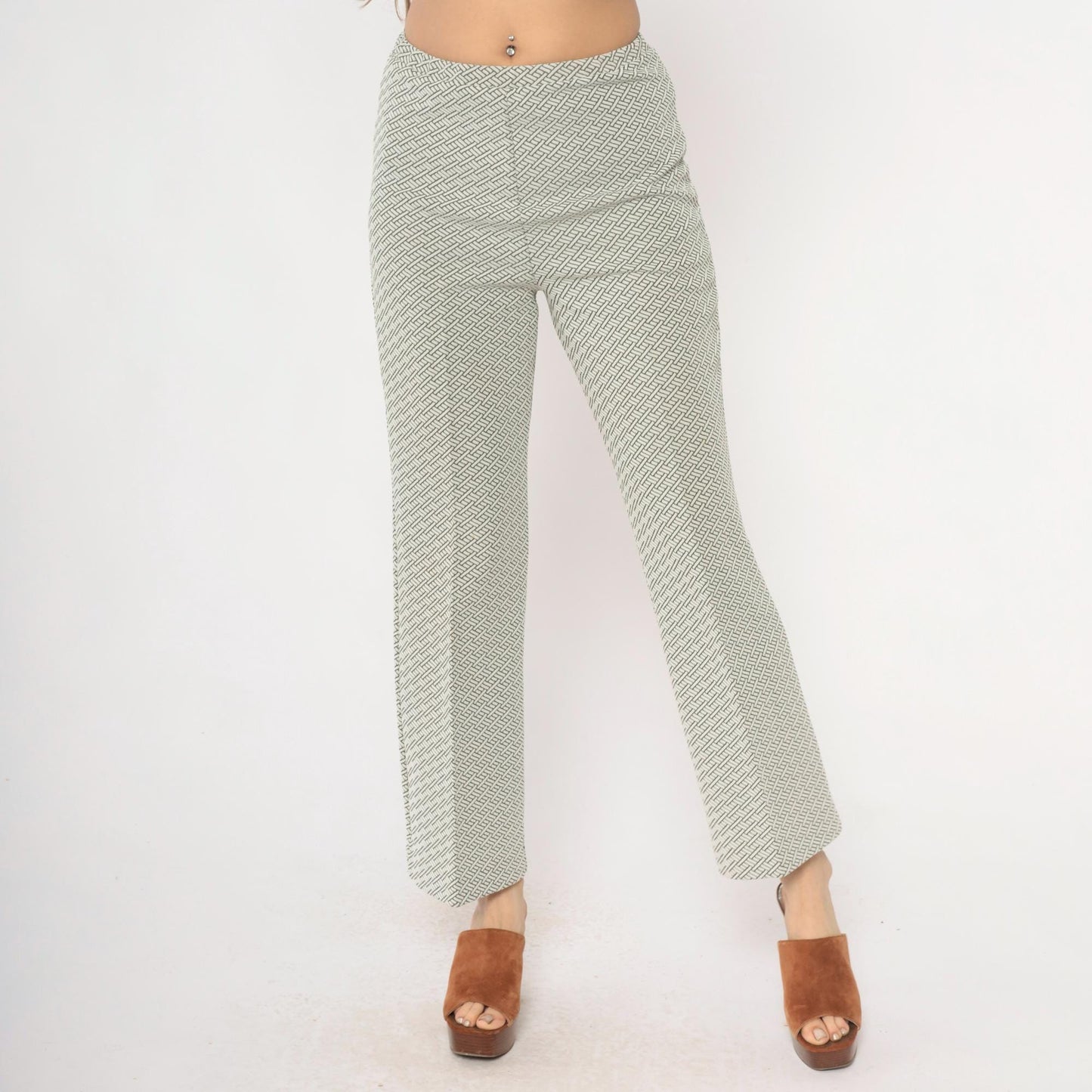 70s Geometric Basketweave Straight Leg Pants Cream Black High Waist Small